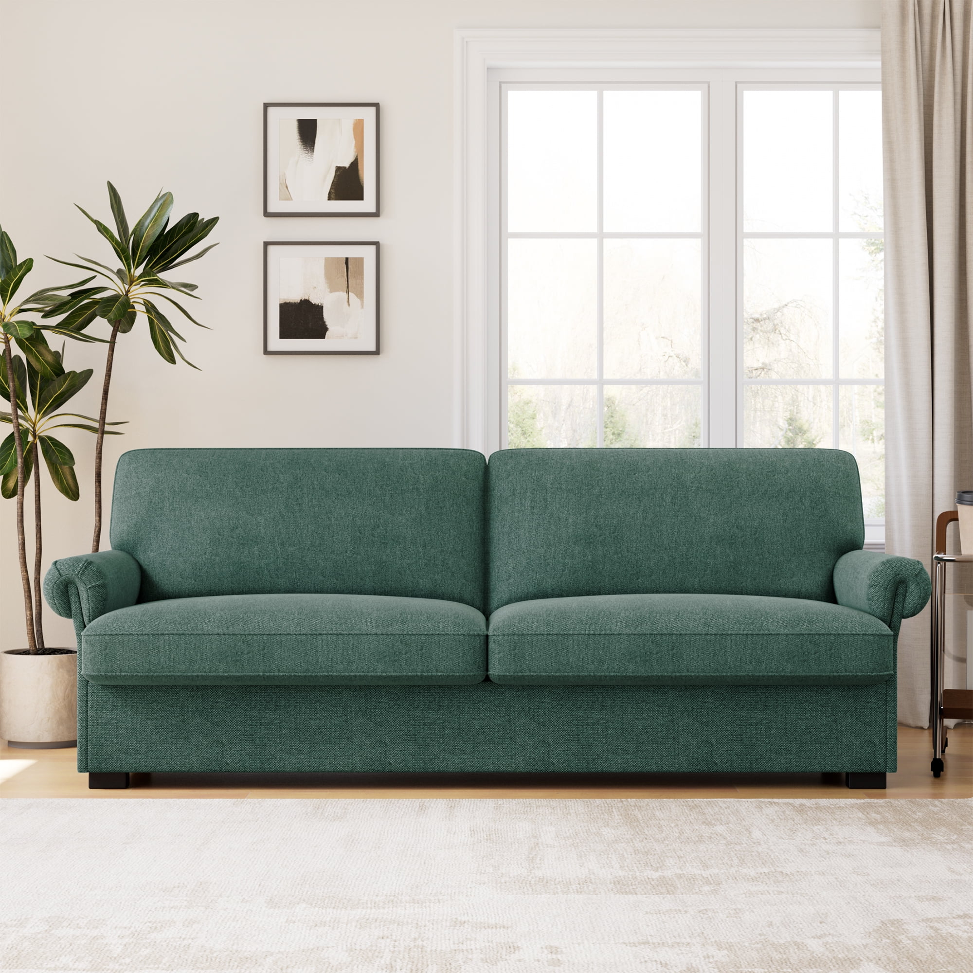 Homfa 3 Seater Linen Fabric Sofa for Living Room, Upholstered Couch with Removable Cushion & Scrolled Armrest, Green