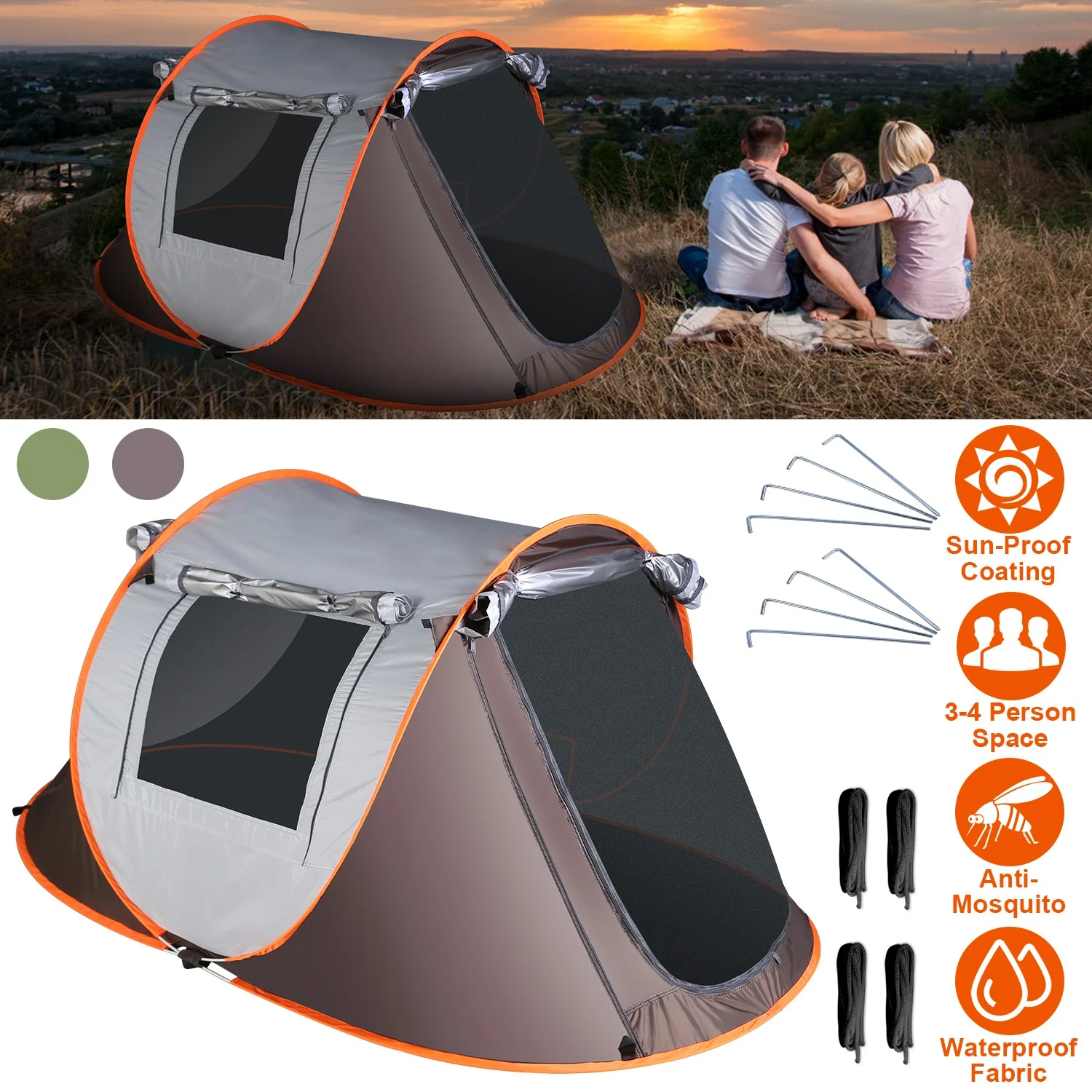 3-4Person Waterproof Pop Up Tent w/ 2 Mosquito Net Windows iMounTEK Hiking Climbing Auto Setup Camping Travel Tent