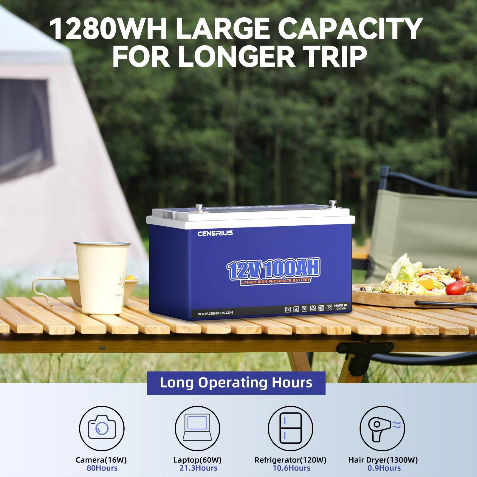 Cenerius 12V 100Ah LiFePO4 Lithium Battery,Built In 100A BMS,1280Wh Energy,High & Low Temp Protection Deep Cycle Rechargeable