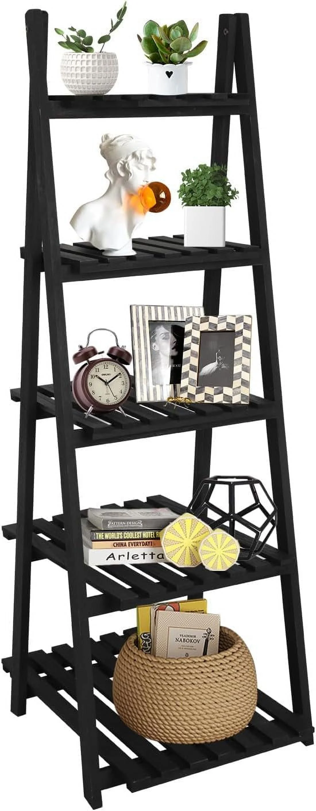 JYHOME Ladder   5-Tier Wooden Plant Shelves  Rustic Flower Display Rack  Freestanding  Rack  Indoor Flowerpot Stand Ladder Bookshelf  Room  Office  Bedroom  Balcony (Brown)