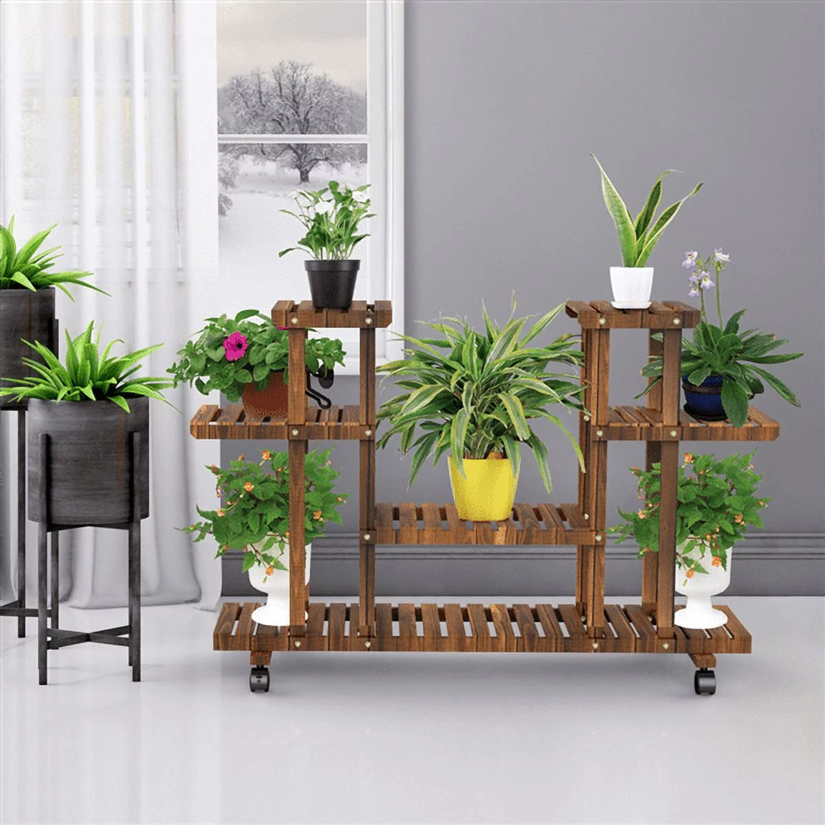 SmileMart 4-Tier 6-Shelf Rolling Wooden Flower Display Stand for Indoors or Outdoors