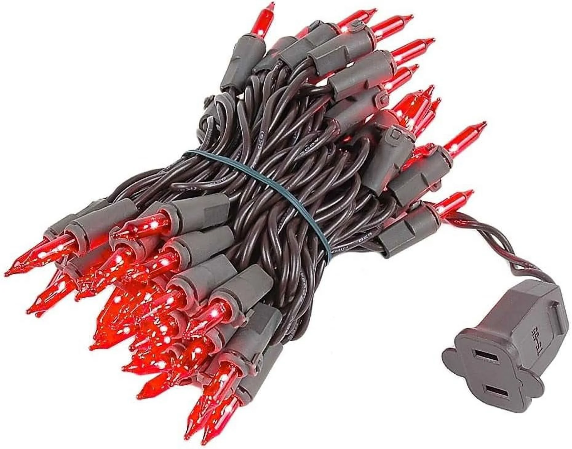 50 Light Red Christmas Mini String Light Set, Brown Wire, Indoor/Outdoor UL Listed, 11' Long