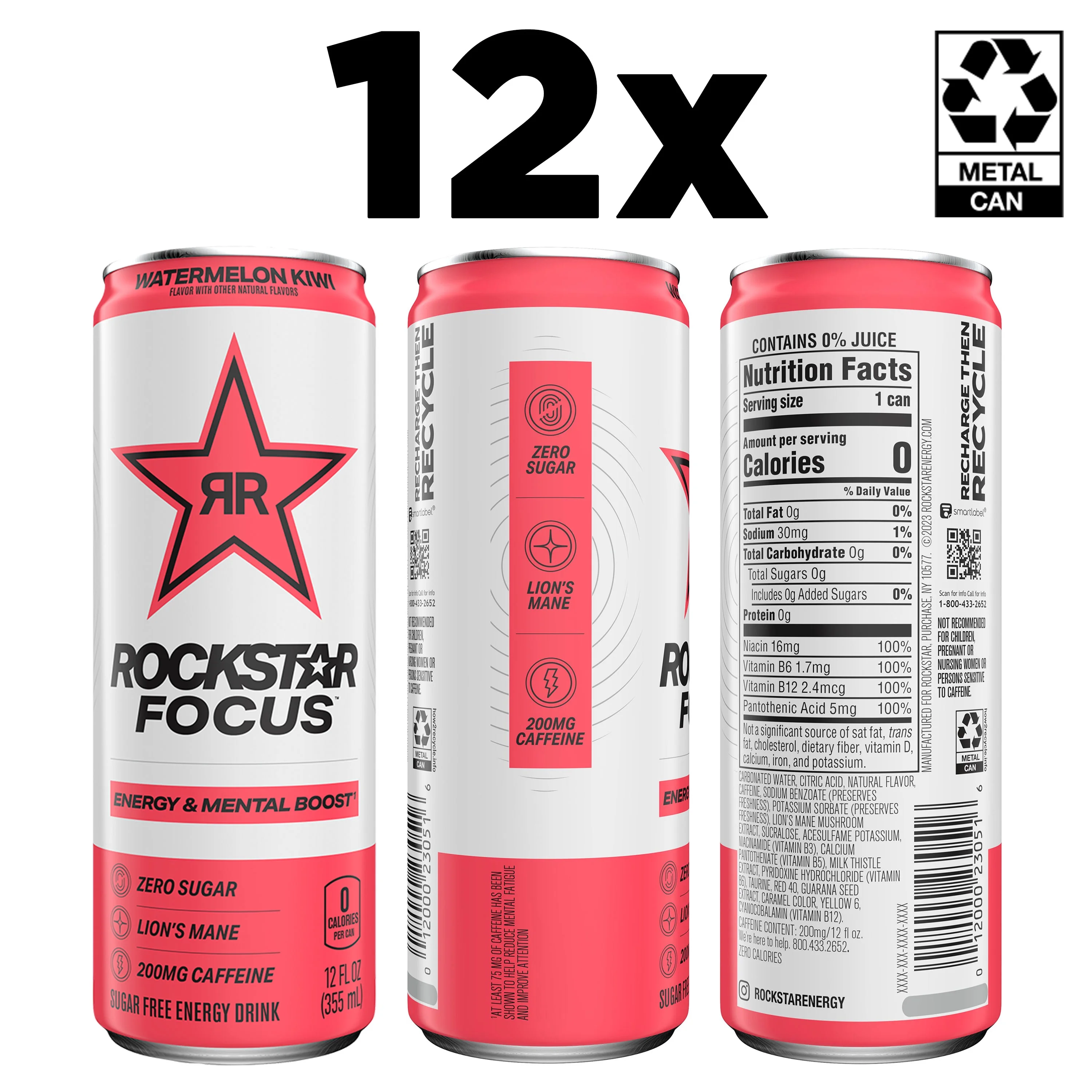 Rockstar Focus Zero Sugar Energy Drink, Watermelon Kiwi Flavor, Lion’s Mane, Energy & Mental Boost, 12 oz 12 Pack Cans