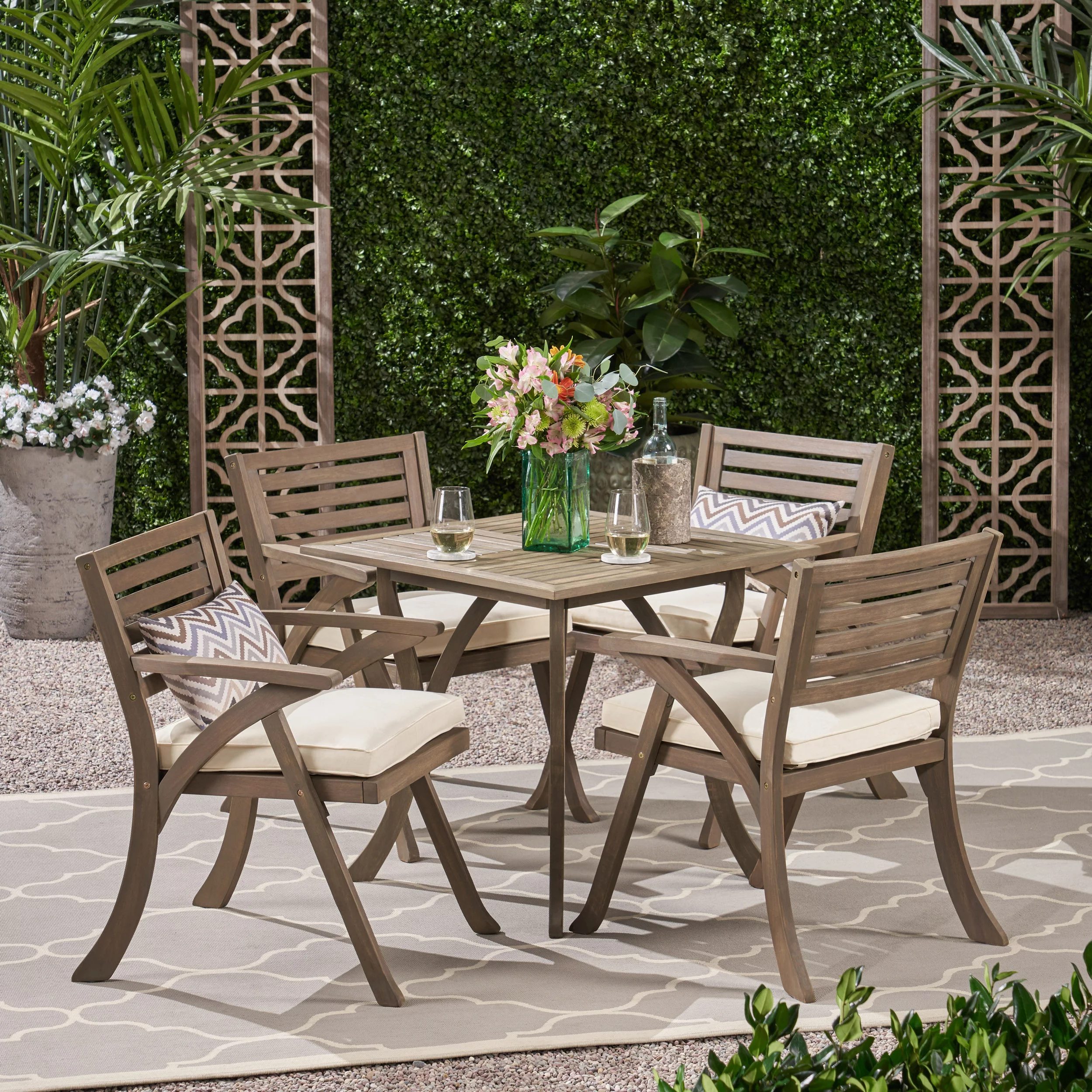GDF Studio Baia Outdoor Acacia Wood 5 Piece Dining Set with Cushion, Gray and Cream