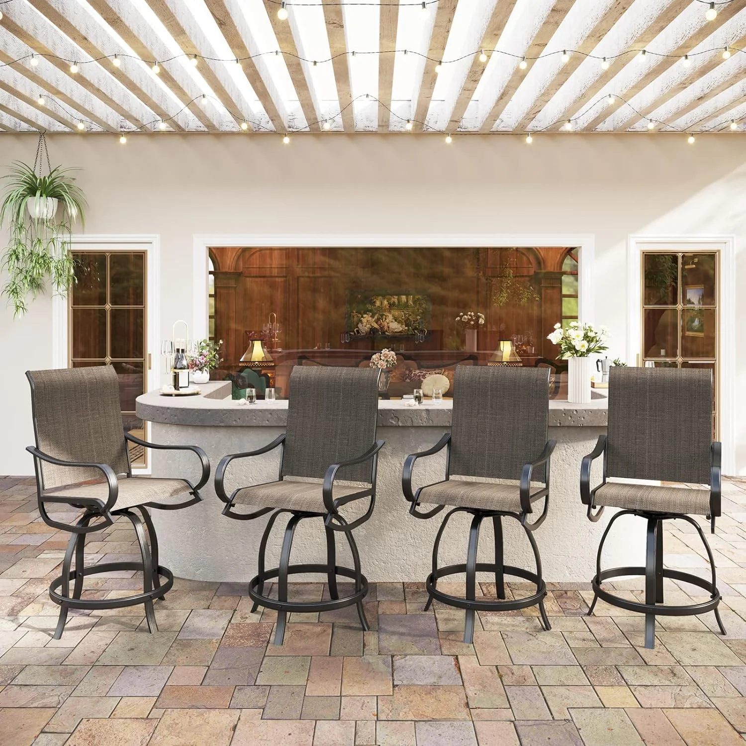 Outdoor Bar Stool, Patio Counter Height Sling Fabric Bar Chairs Set Of 4, All-Weather Resistant, Brown