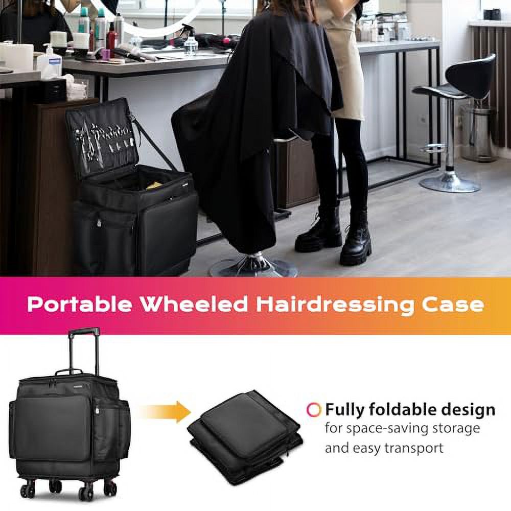 BYOOTIQUE Rolling Makeup Train Case Soft Sided Travel Cosmetic Organizer Storage 1680D Nylon Fabric Trolley Suitcase Foldable Mobile Barber Station Makeup Artist Hairstylist, Black