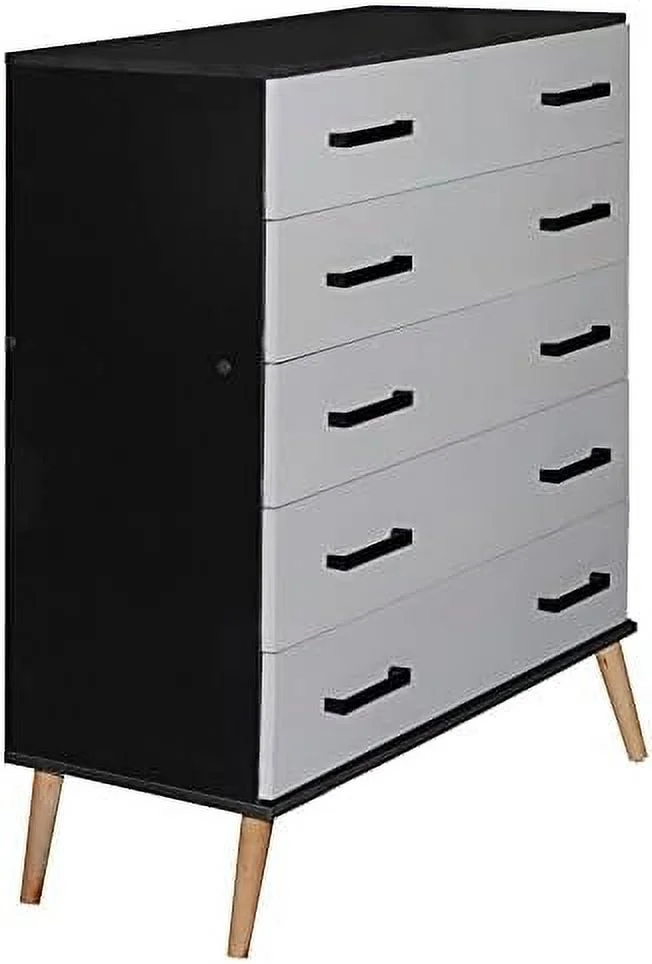 HBBOOMLIFE Eli Mid-Century Modern 5 Drawer Chest Dark Gray & Oak