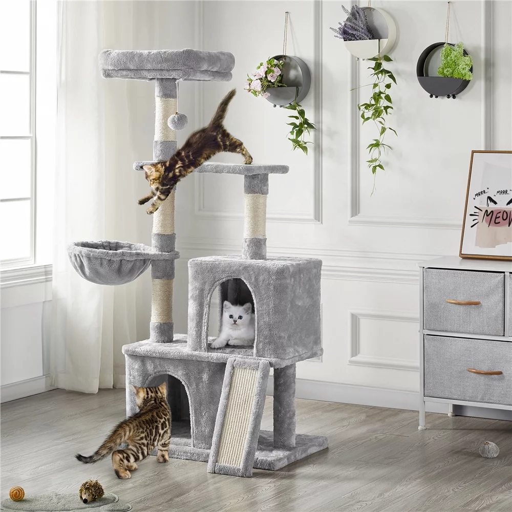 Topeakmart 53.5-in Cat Tree & Condo Scratching Post Tower with Dangling Ball and Ramp, Light Gray