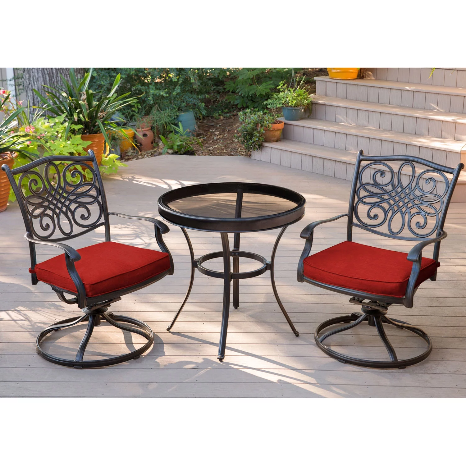 Hanover Traditions 3-Piece Swivel Bistro Set in Red with a 30 in. Glass-top Table