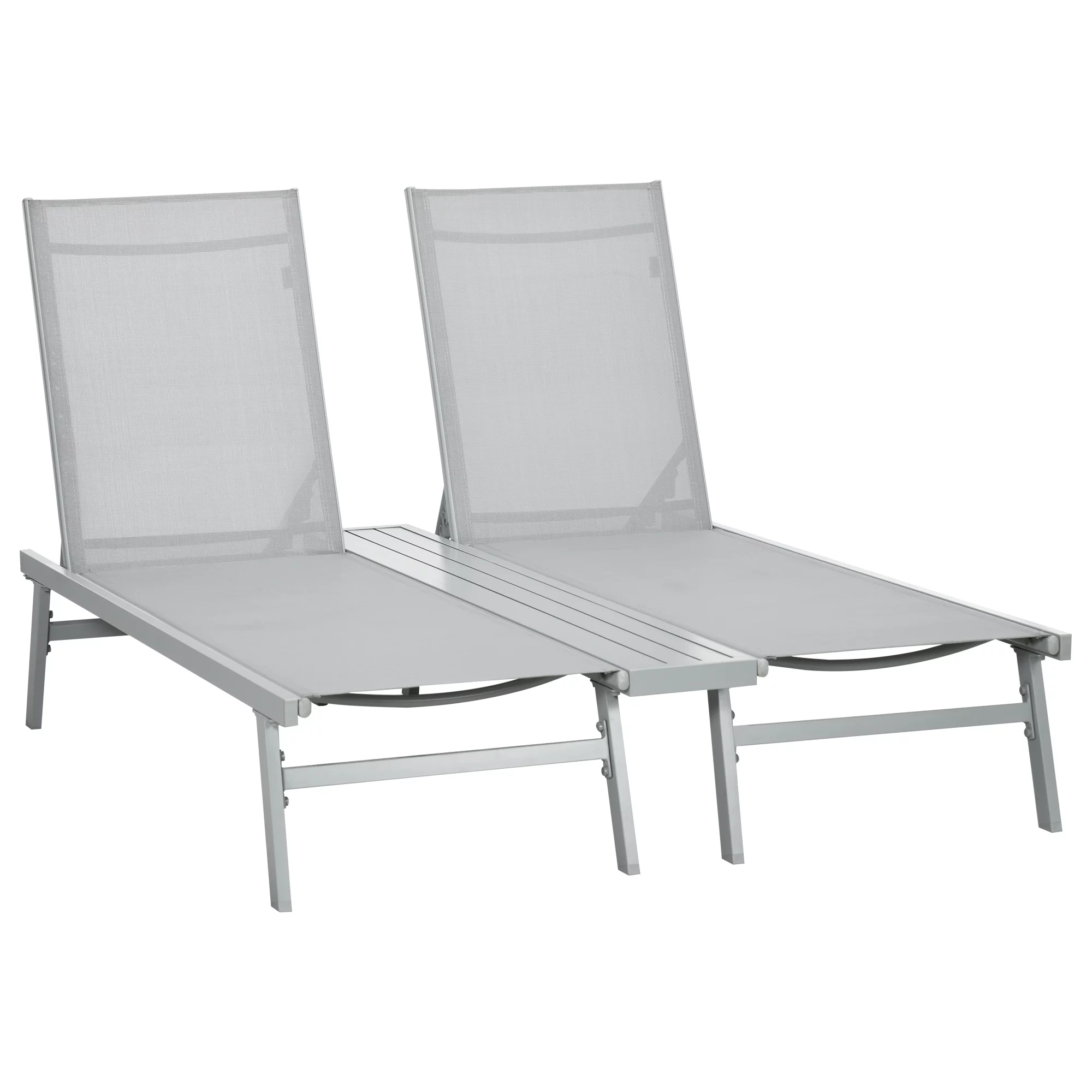 Homiyad Chaise Lounge Pool Chairs Set of 2, Aluminum Outdoor Sun Tanning Chairs with Five-Position Reclining Back, Shelf & Breathable Mesh for Beach, Yard, Patio, Light Gray
