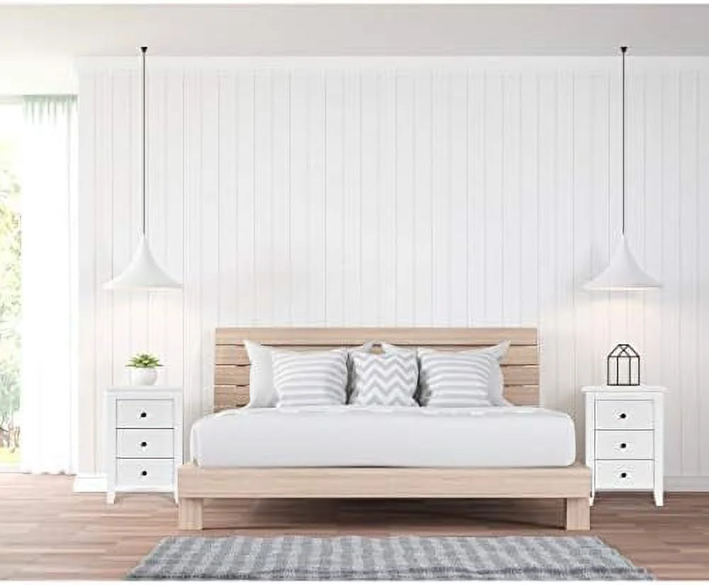 SQFGHB Nightstand   with 3 Drawers  Bedroom Side  Cabinet Wooden End Table Accent Table Solid Wood Legs (White  1 Pic)