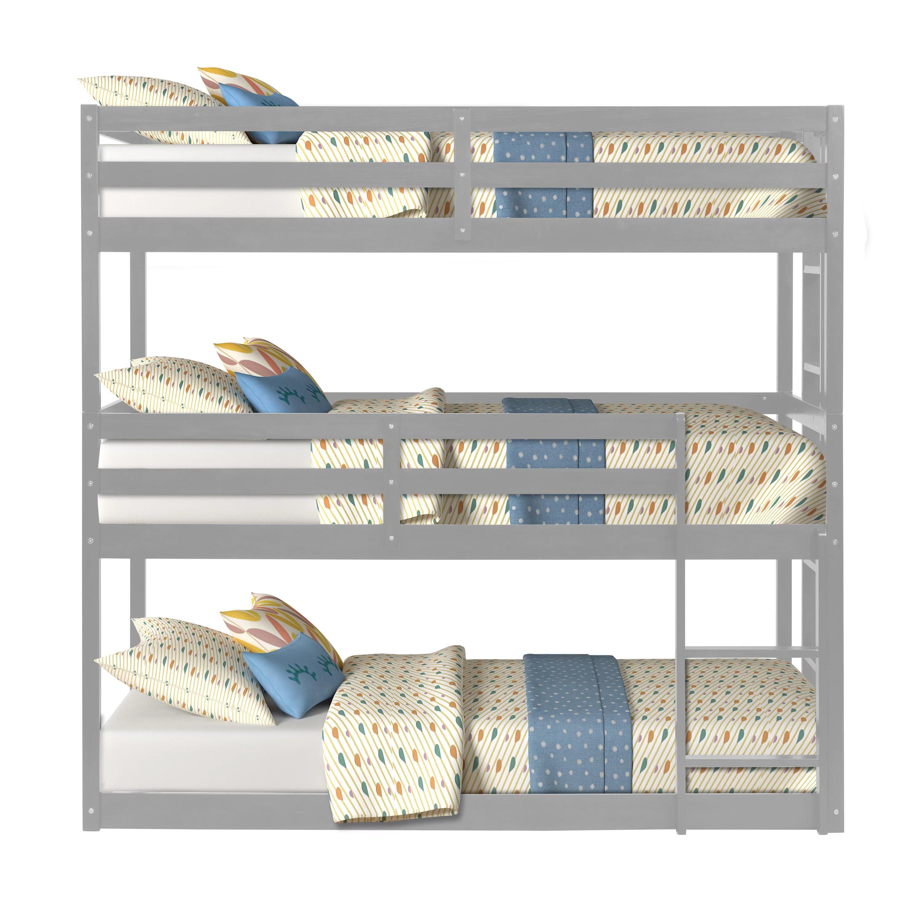 Wood Triple Twin Bunk Bed, Twin over Twin Triple Bunk Bed, Detachable Kids Bunk Bed, No Box Spring Needed (Gray)