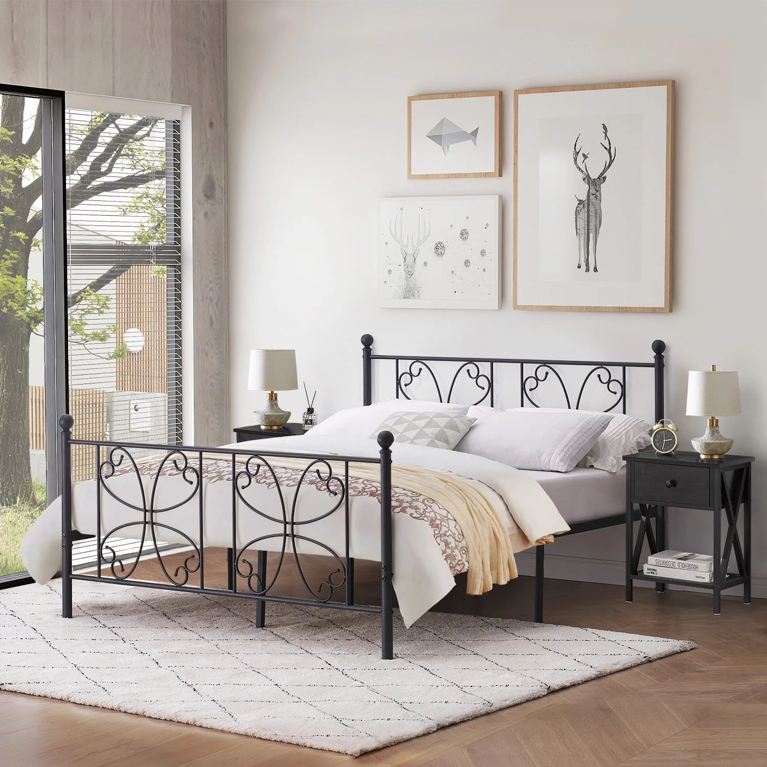 VECELO 3-Piece Bedroom Set, Full Size Metal Platform Bed Frame and Black Nightstand