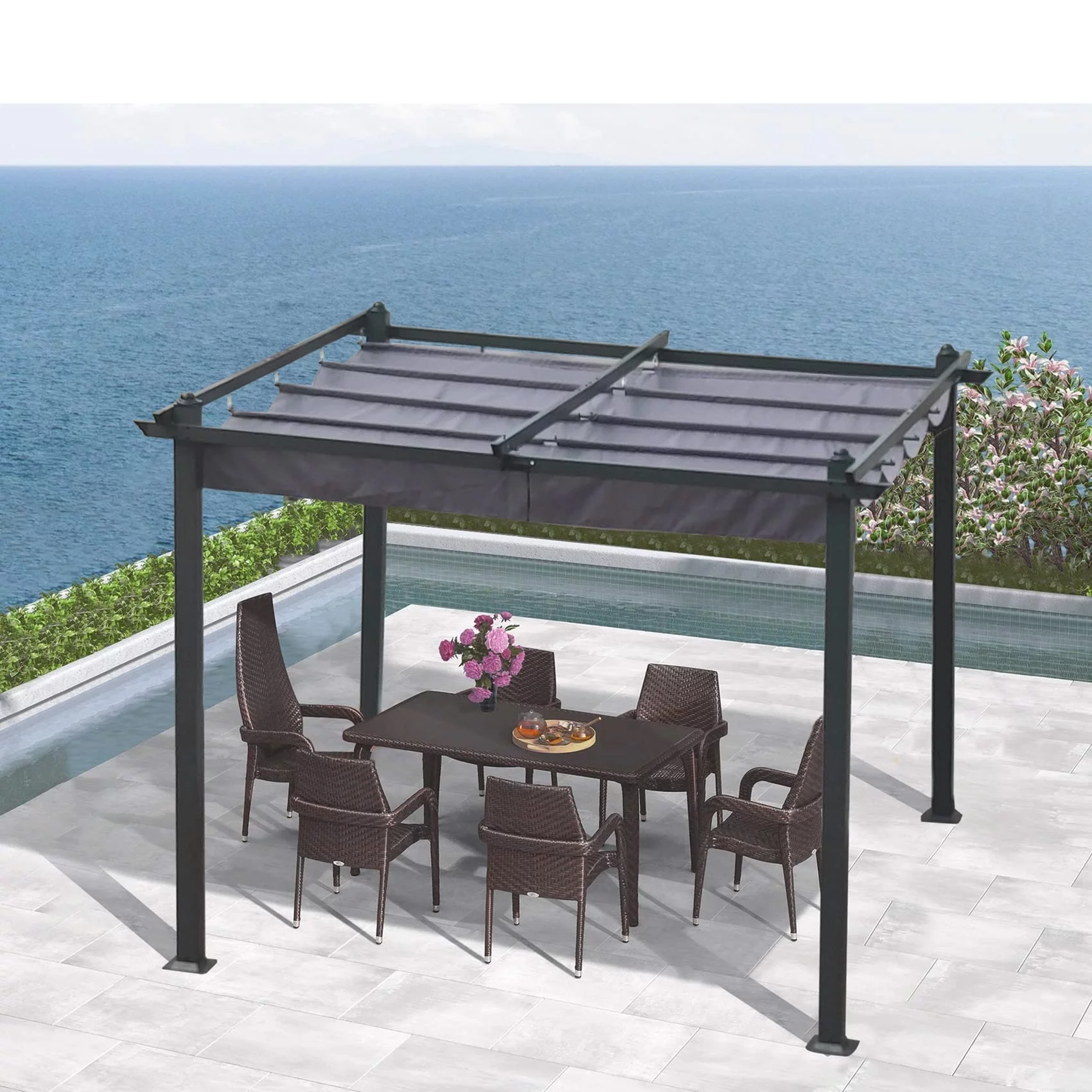 10' x 9' Outdoor Pergola with Retractable Canopy Shades, Steel Frame Pergola Shelter with Canopy Cover, Metal Grape Trellis Gazebo with Adjustable Roof for Deck Patio Garden Yard, Black + Gray