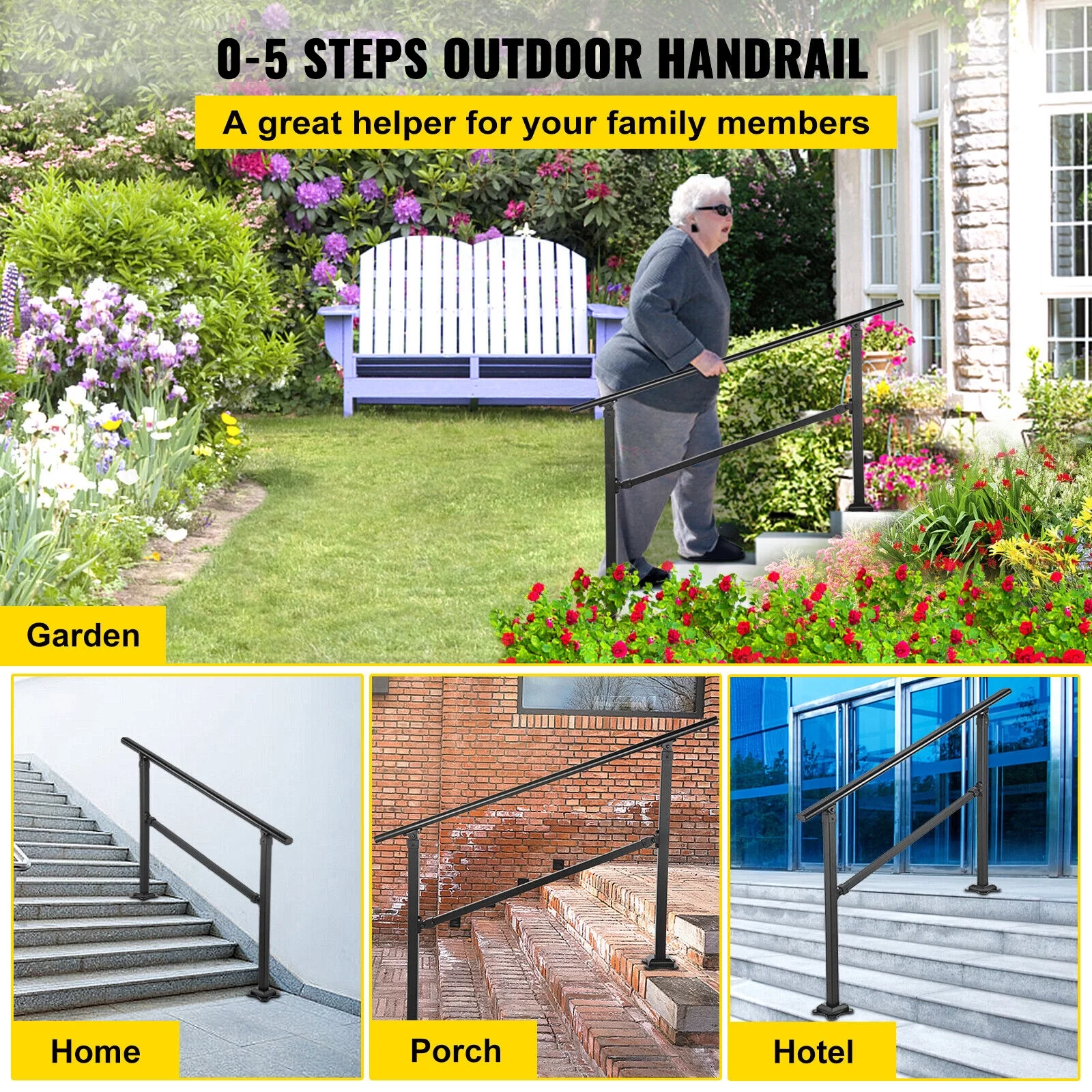 SKYSHALO Fits for 1-4 Steps Transitional Wrought Iron Handrail,  Outdoor Stair Railing, Adjustable Exterior Stair Railing, Handrails for Concrete Steps with Installation Kit