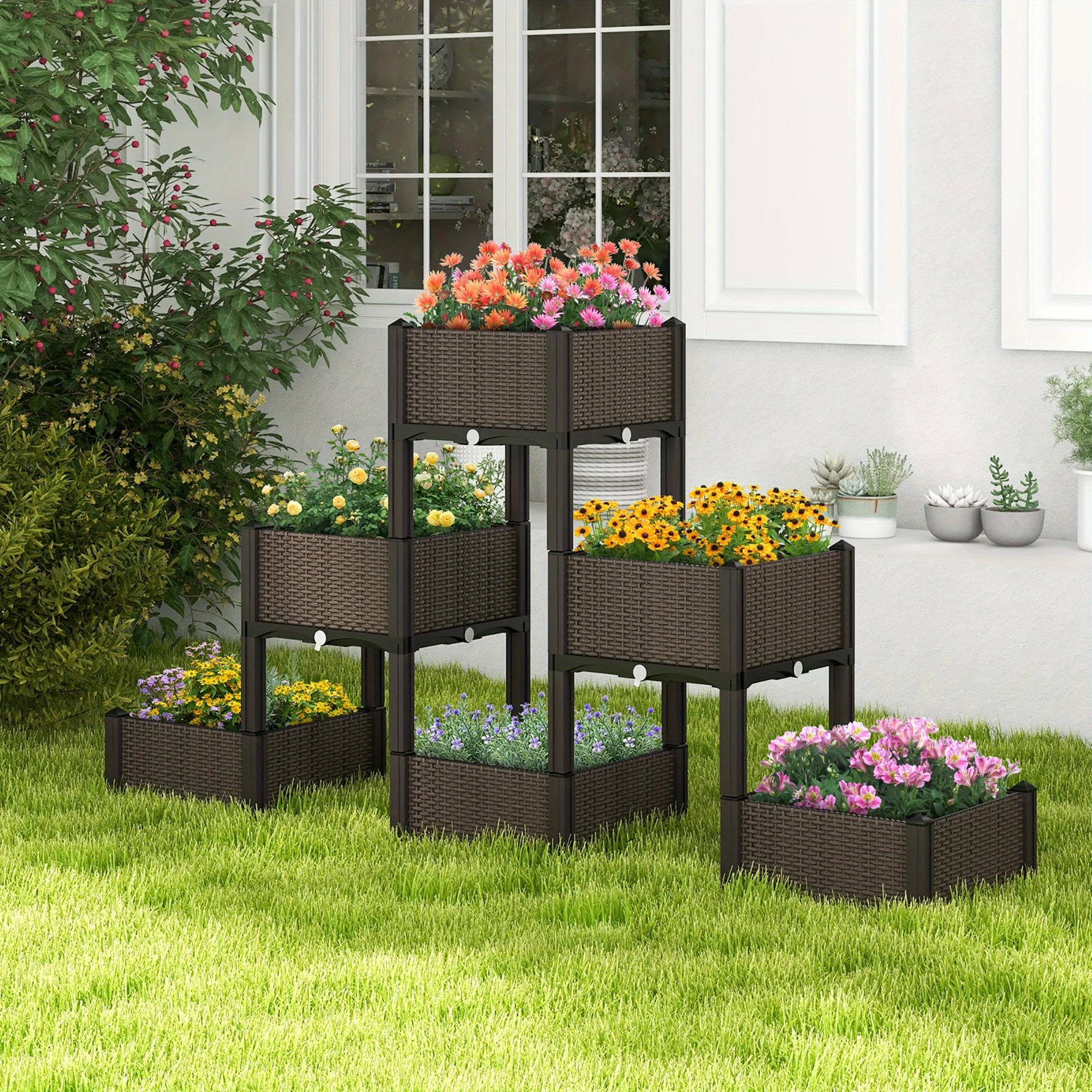 4 PCS Elevated Plastic Raised Garden Bed Planter Kit for Flower Vegetable Grow