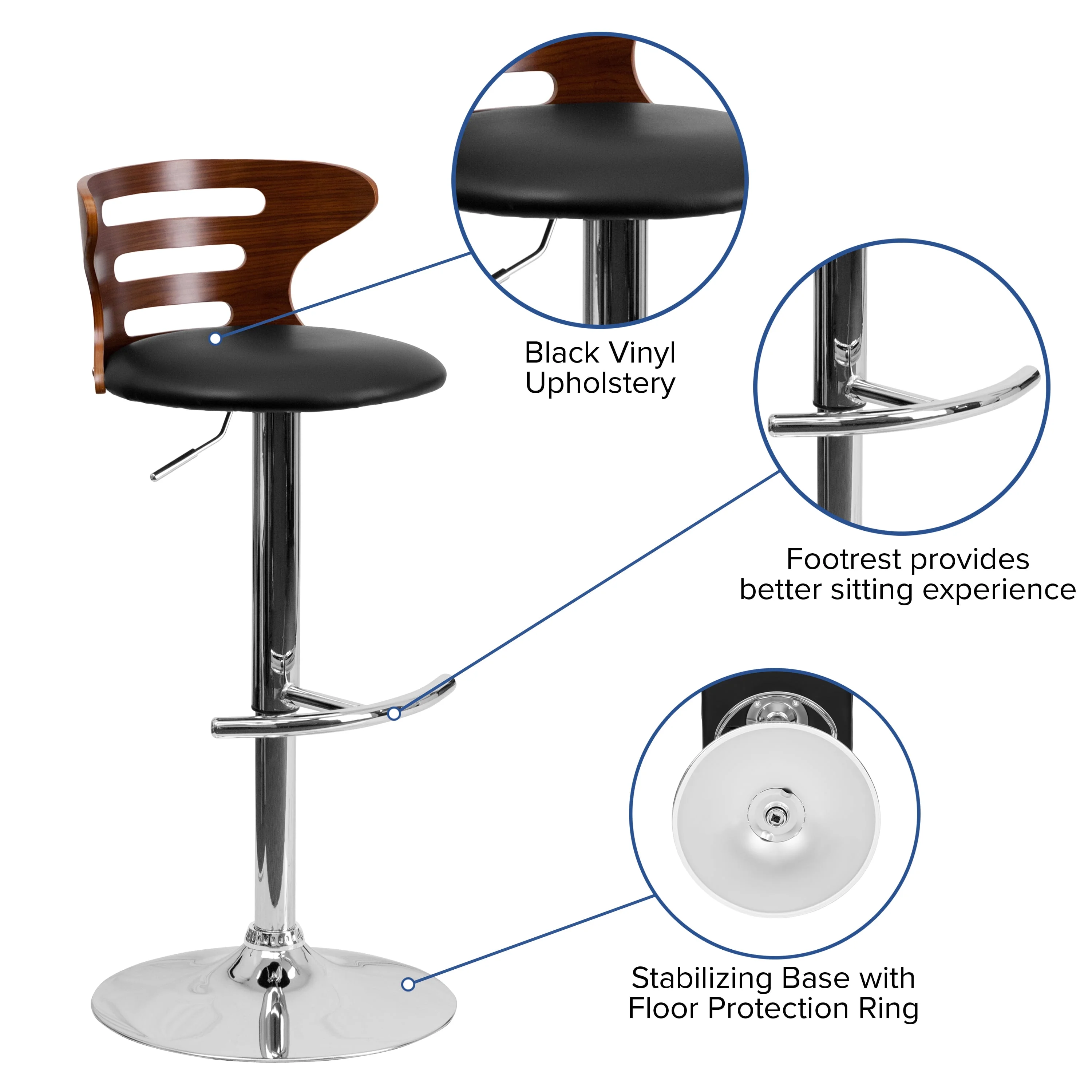 Flash Furniture Gallahan Walnut Bentwood Adjustable Height Barstool with Three Slot Cutout Back and Black Vinyl Seat