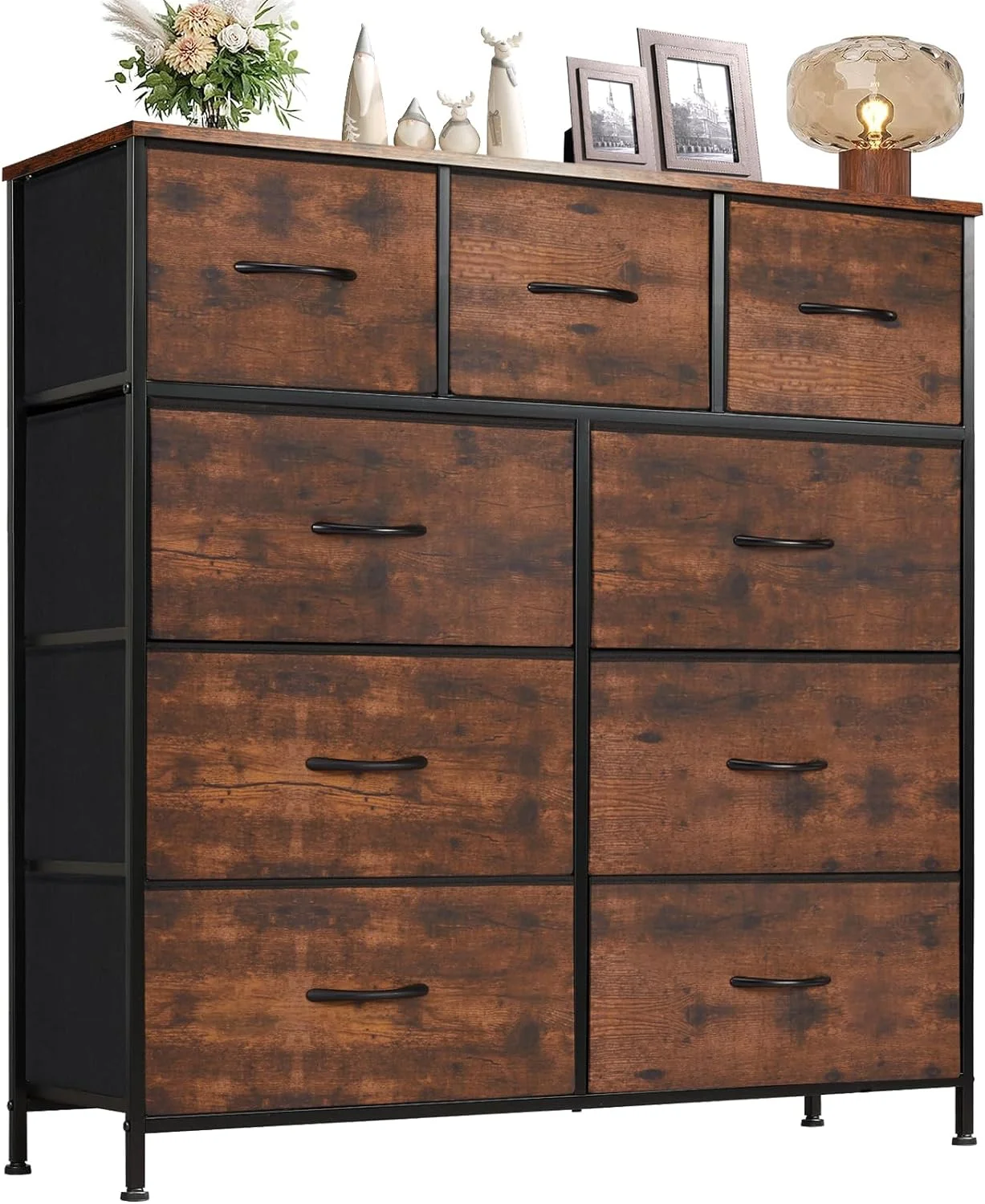 Dresser with 9 Drawers, Storage Unit Organizer Chest for Clothes, Tall Dressers & Chests of Drawers for Bedroom, Hallway, Living Room, Closet, & Dorm Furniture - Steel Frame, Wood Top