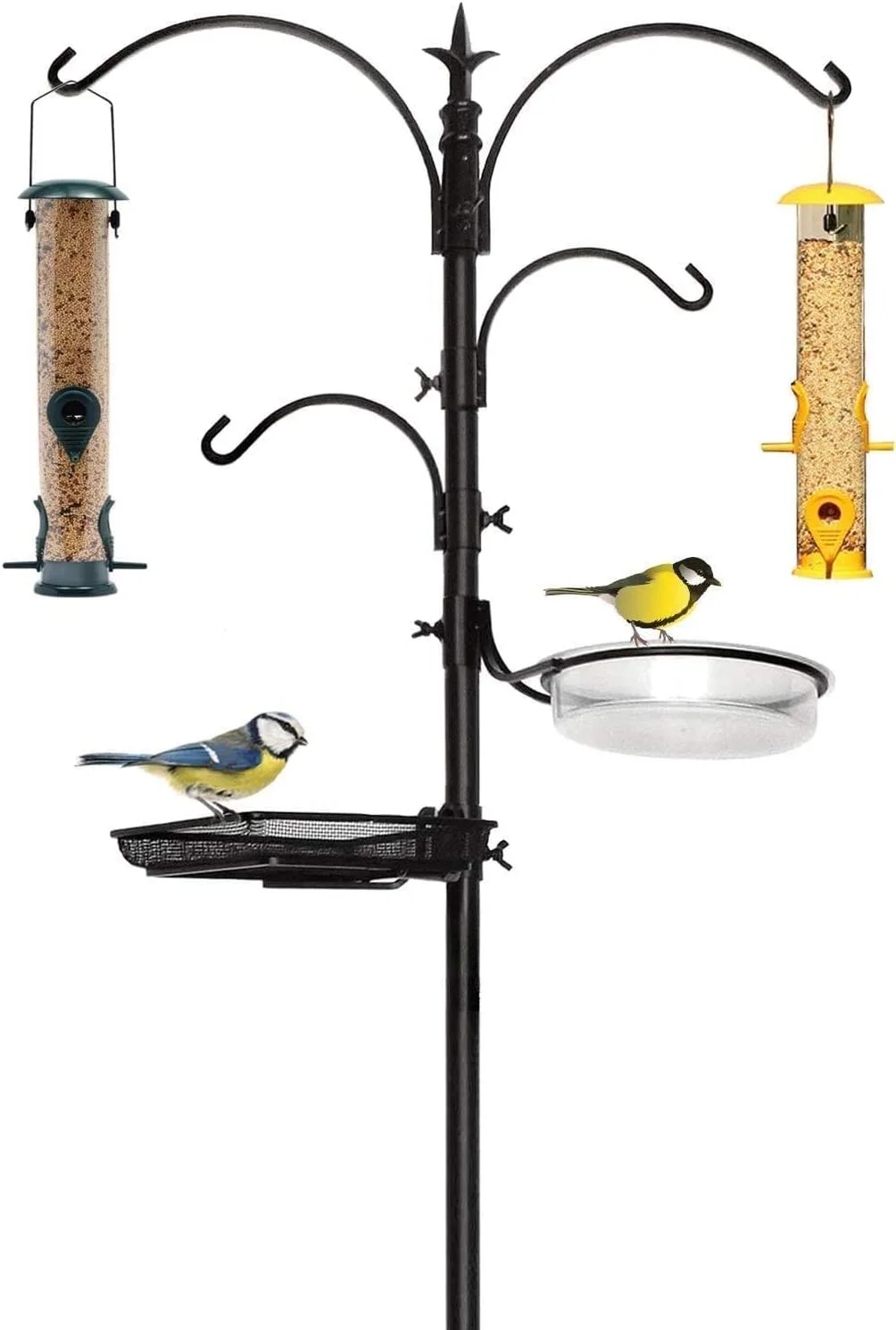 Bird Feeding Station with 2 Bird Feeders Included for Outside - Multi Feeder Pole Stand Kit with 4 Hangers, Bird Bath and 5 Prong Base for Attracting Wild Birds - 22 Inch Wide x 91 Inch Tall