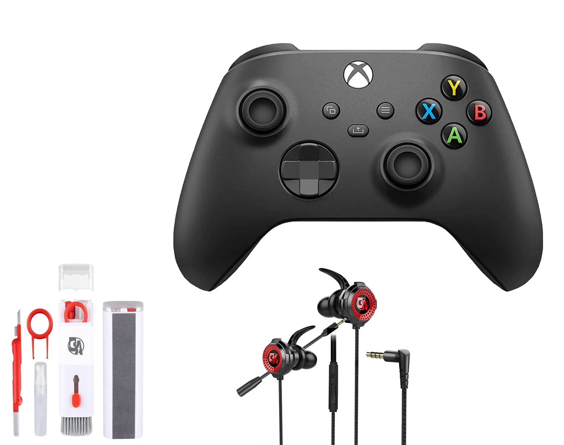 Microsoft Xbox Wireless Carbon Black Controller for Xbox Console + Wired Earbuds With Cleaning Kit BOLT AXTION Bundle Like New
