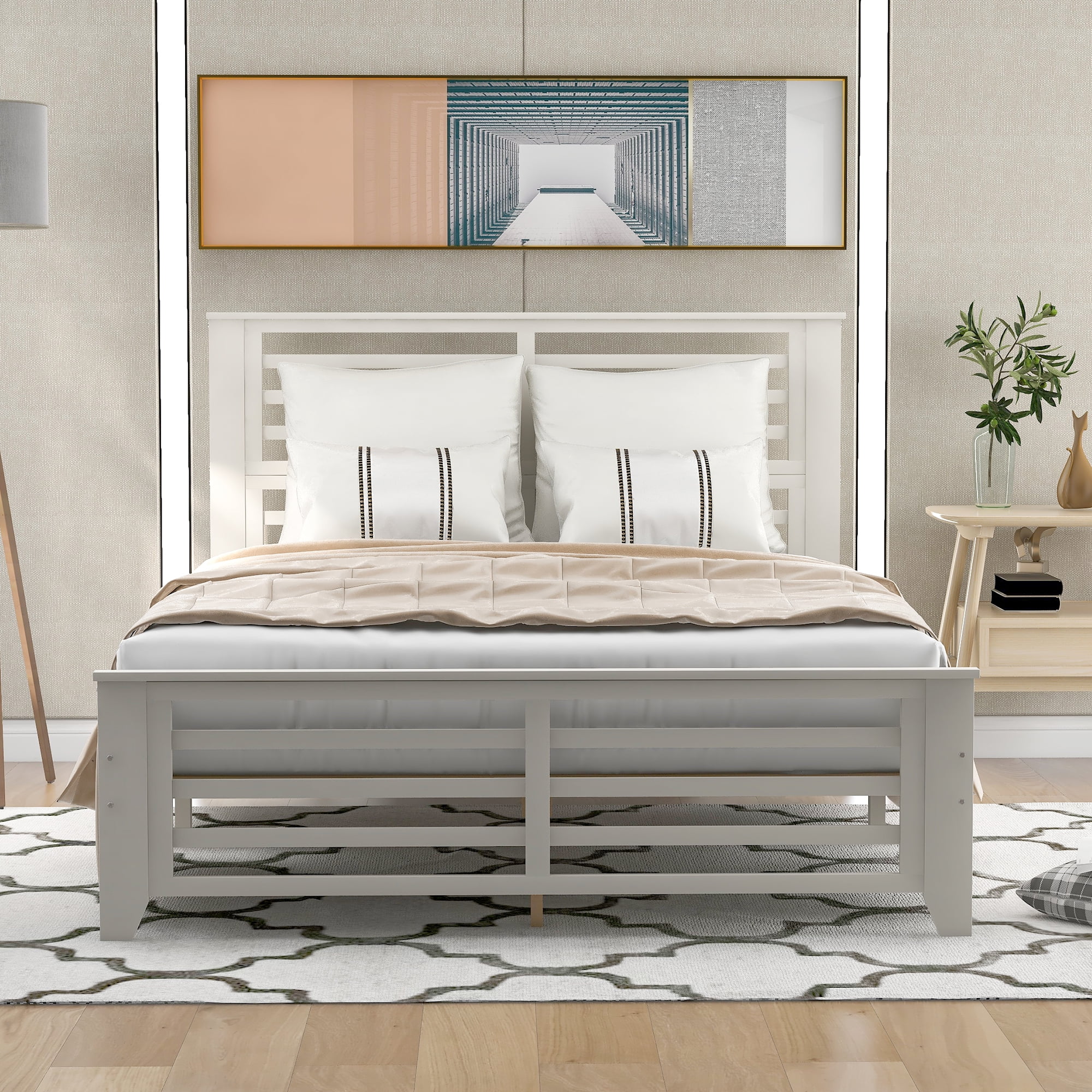 EUROCO Full Size Pine Wood Platform Bed for Kids, White