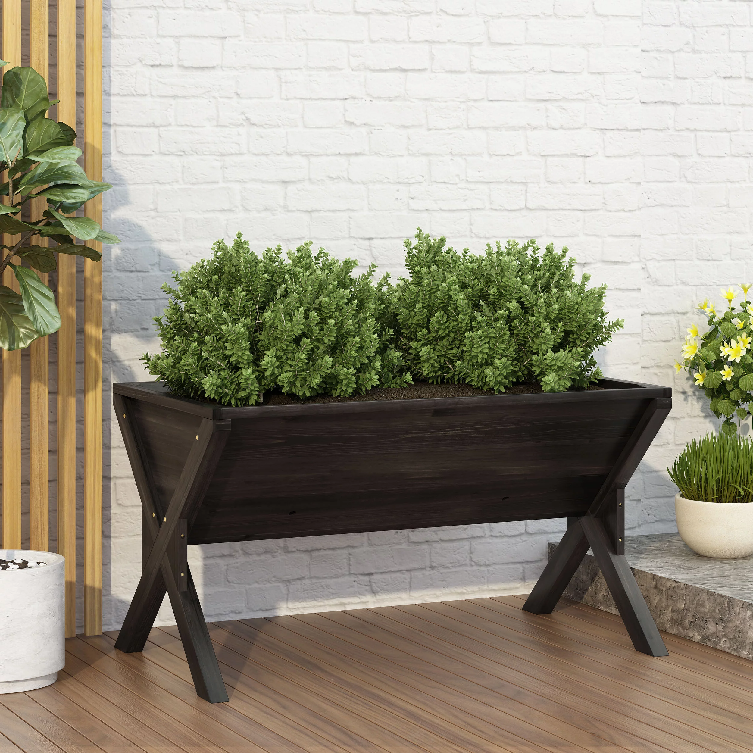GDF Studio Thorsen Outdoor Fir Wood Plant Trough Planter, Dark Gray