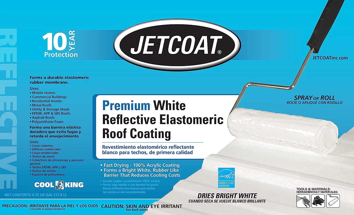 Jetcoat Cool King Reflective Acrylic Roof Coating, Waterproof Elastomeric Sealant, 5 Gallon, 10 Year Protection (White)