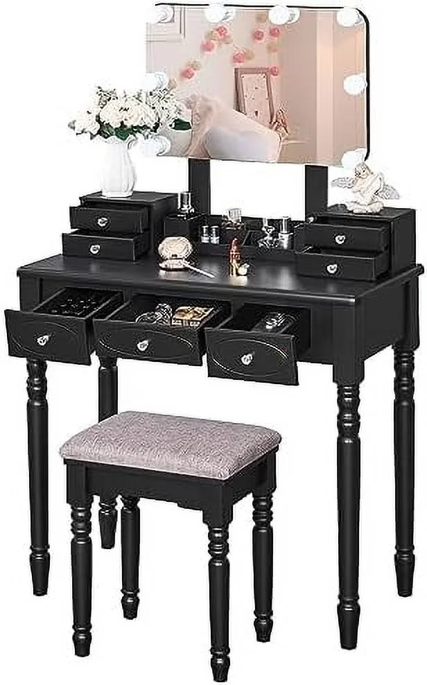 GVJMTKP Vanity Desk Vanity Set with Lighted Mirror  Vanity Desk Table Set Large 8 LED Bulbs Frameless Mirror 3 Colors Modes Dimming Cushioned Stool 7 Drawers 3 Dividers White UBDT03W