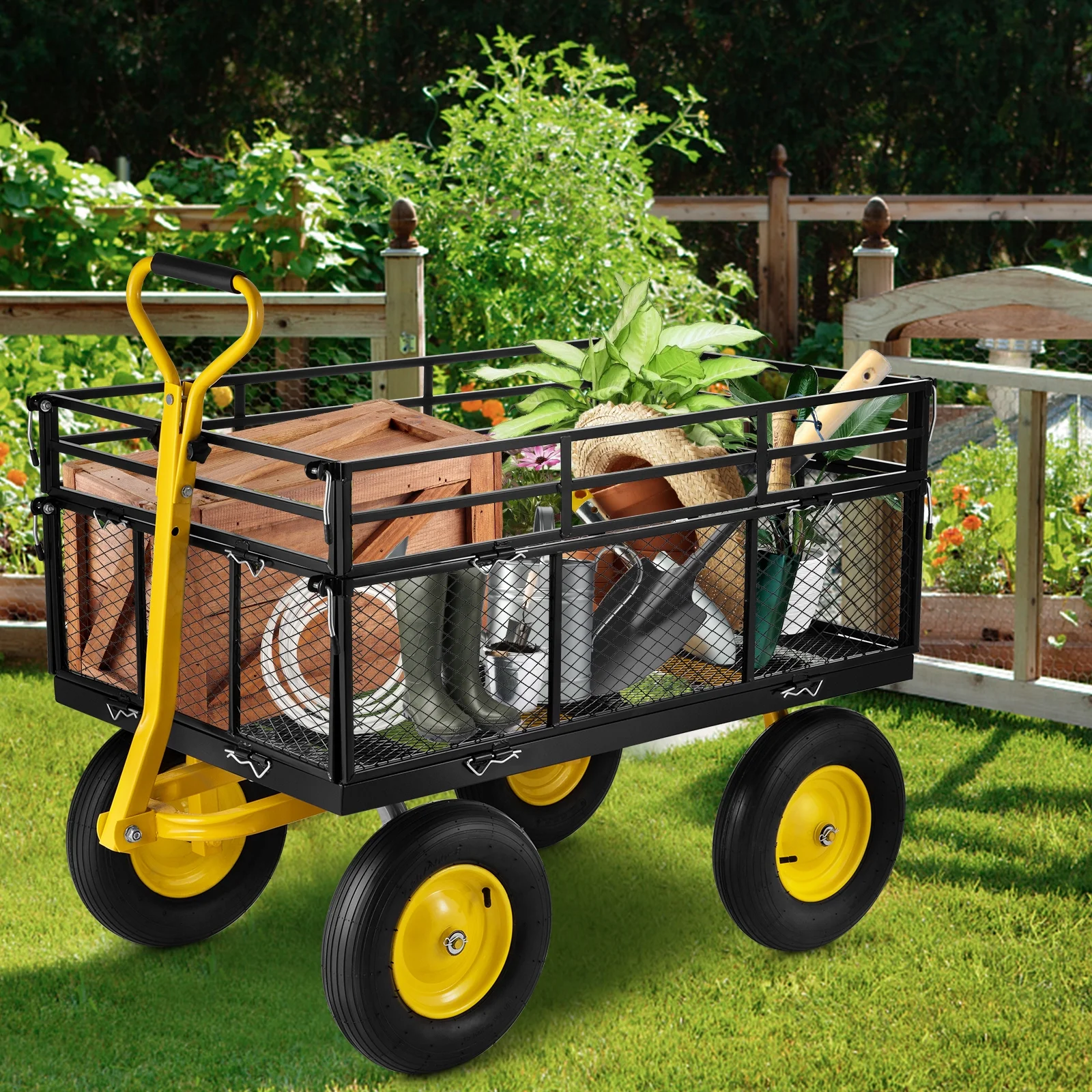 SKYSHALO Heavy-Duty Steel Garden Cart Lawn Utility Cart 1400 lbs w/ Removable Sides