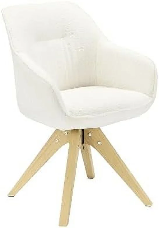 TJUNBOLIFE Dining Chair  Mid Century Modern Fabric Upholstered Swivel Dining Room Chair with Oak Wood Legs  Leisure Side Chair with Arms for Living Room  Off White