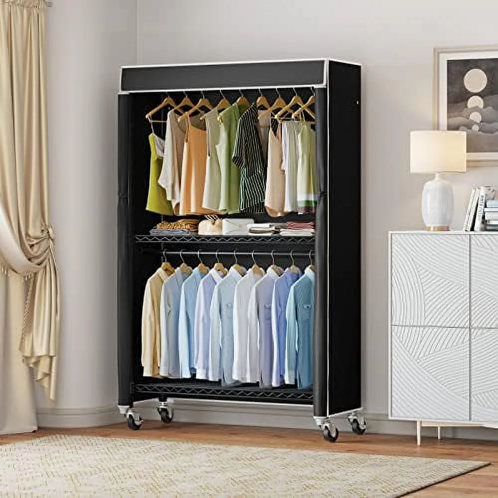 FDIGLUL V12C Heavy Duty Rolling Garment Rack with Cover Clothing Rack for Hanging Clothes Portable Closets with Adjustable 3 Wire Shelving  Double Rods  Wardrobe on Wheels  White Rack wit