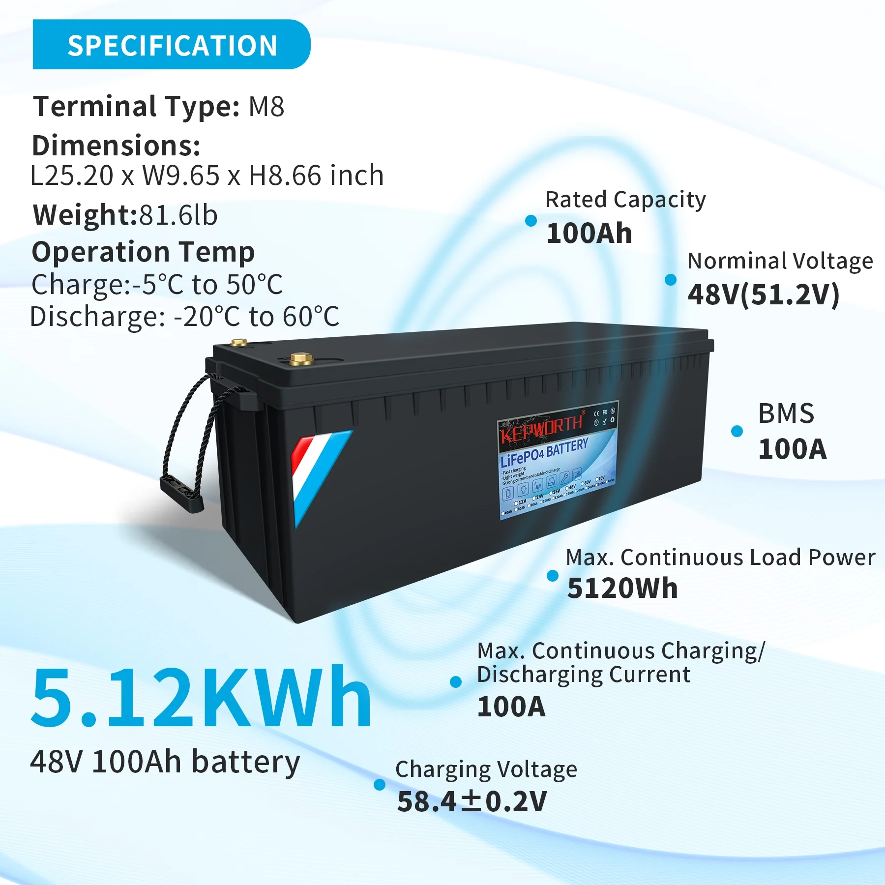 KEPWORTH 48V LiFePO4 Battery 100Ah, Lithium Batteries with 100A BMS, Rechargeable Deep Cycle, Perfect for Golf Cart, Marine, Camper, RV, Solar Power, Off Grid