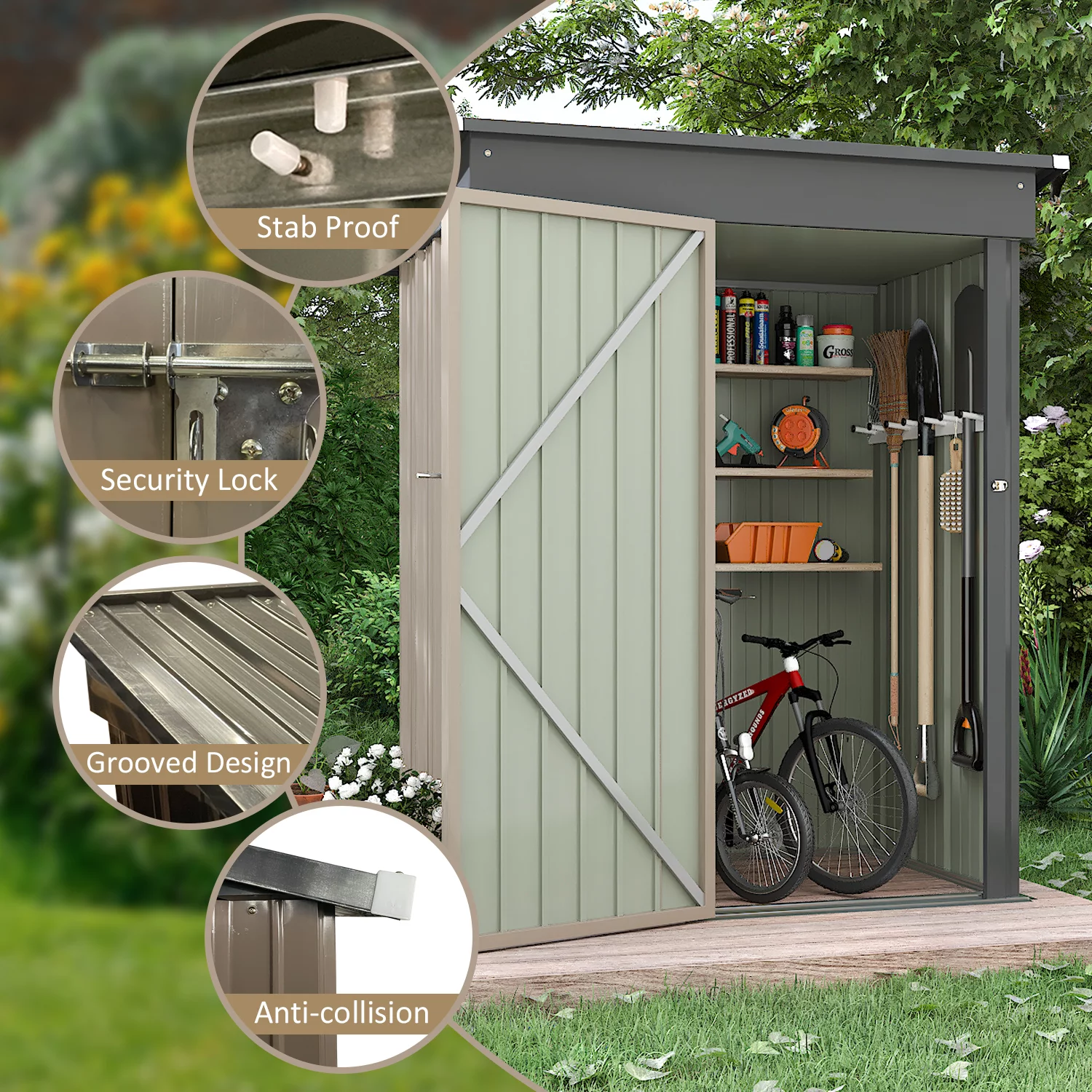 LACOO 3 x 5 ft. Patio Steel Storage Lockable Shed for Backyard, Mental Outdoor Storage Shed for Garden with Groove Roof, Brown