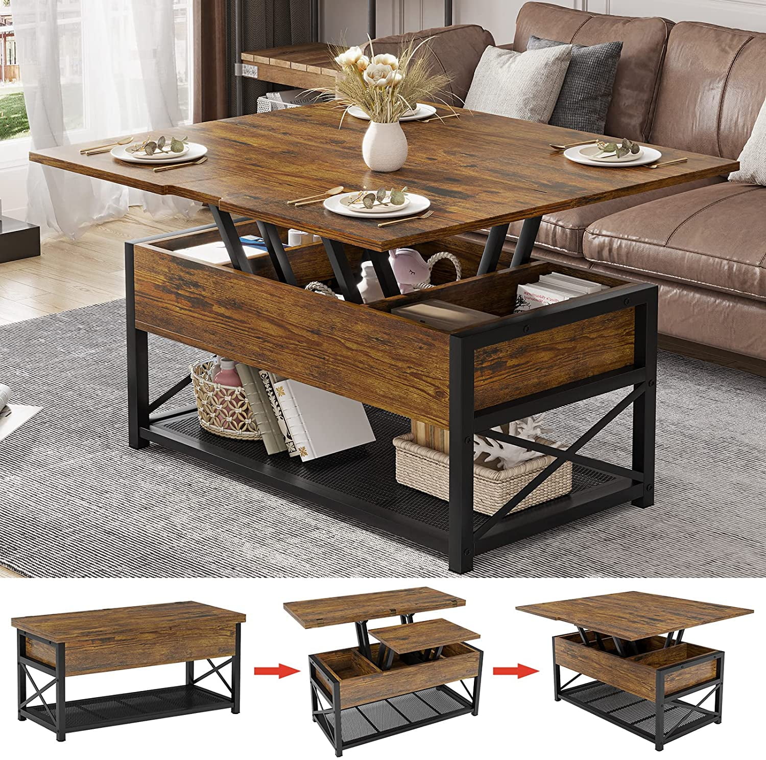 3 in 1 Multi-Function Coffee Table, Lift Top Coffee Table with Storage for Living Room, Rustic Brown