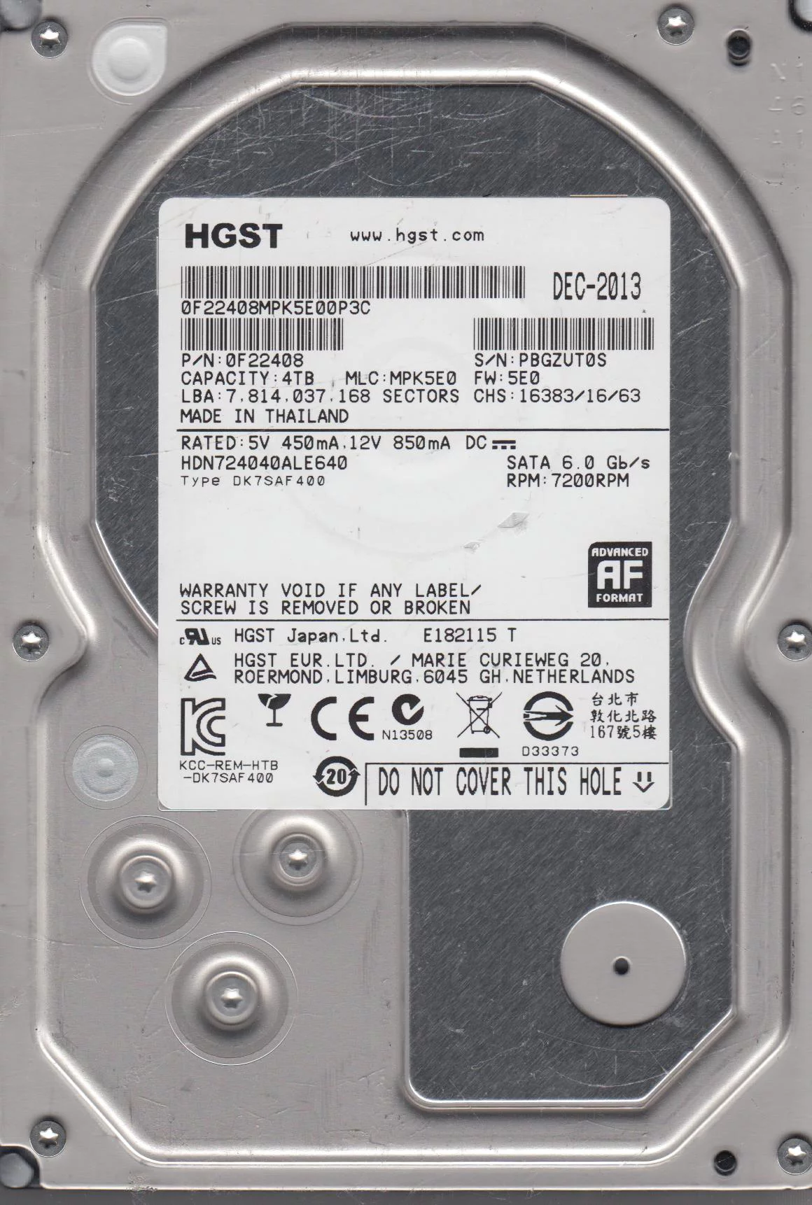 HDN724040ALE640, PN 0F22408, MLC MPK5E0, Hitachi 4TB SATA 3.5 Hard Drive