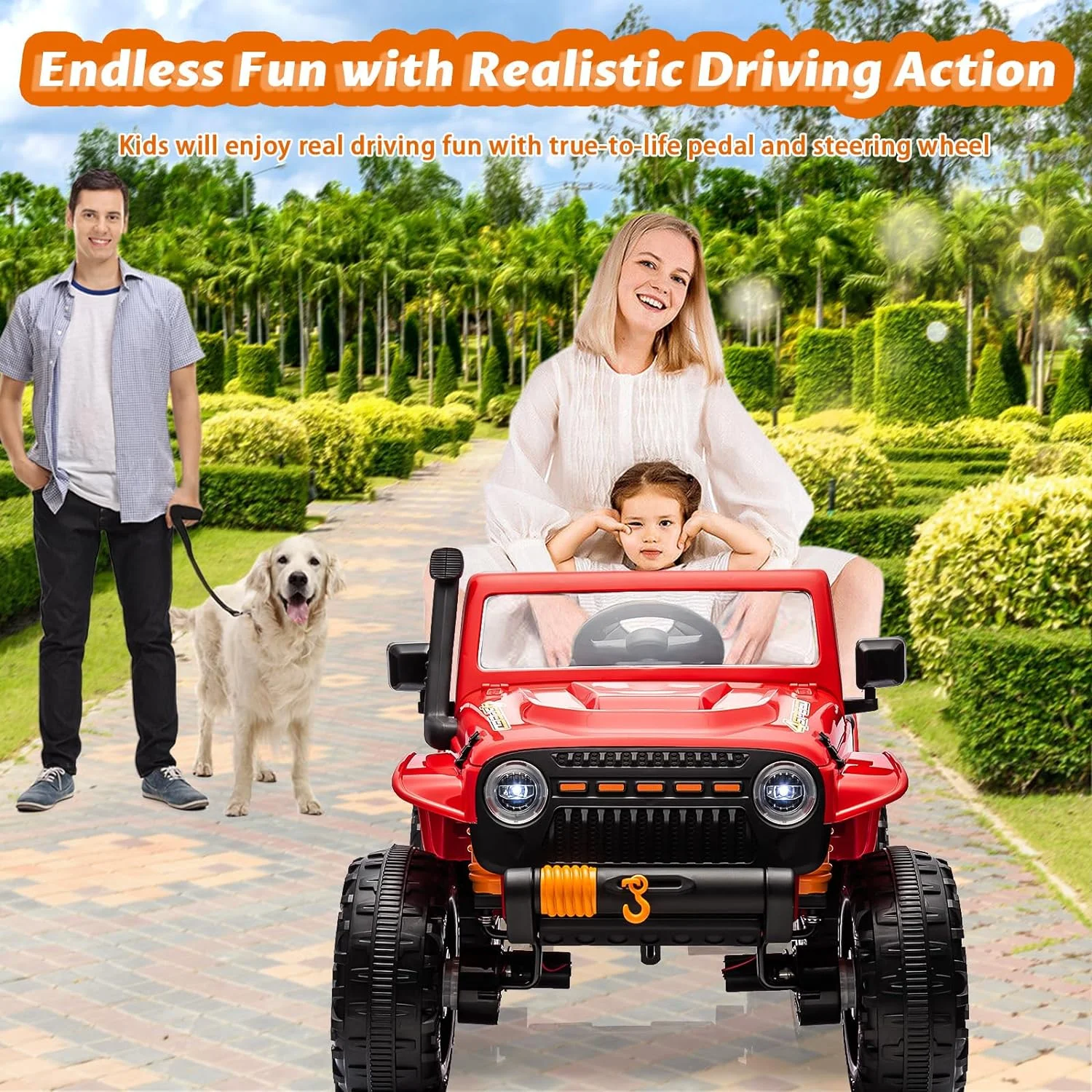 UPYOOE 24V Kids Ride On Truck, 2 Seater Electric Vehicle w/Remote Control, 4 Wheels, 4x55W Powerful Engine, 4WD Battery Powered, 3 Speeds, LED Lights, Soft Braking, Gift for Children Girls, Boys (Red)