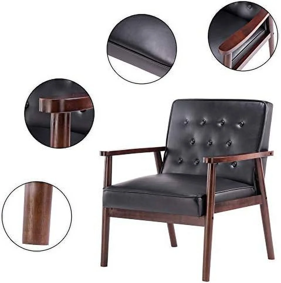 ZFGSUIJN Mid-Century Retro Modern Solid Wood Armrest Accent Chair  Faux Leather Tufted Back Upholstered Lounge Chairs  Living Room  (Black 8325)