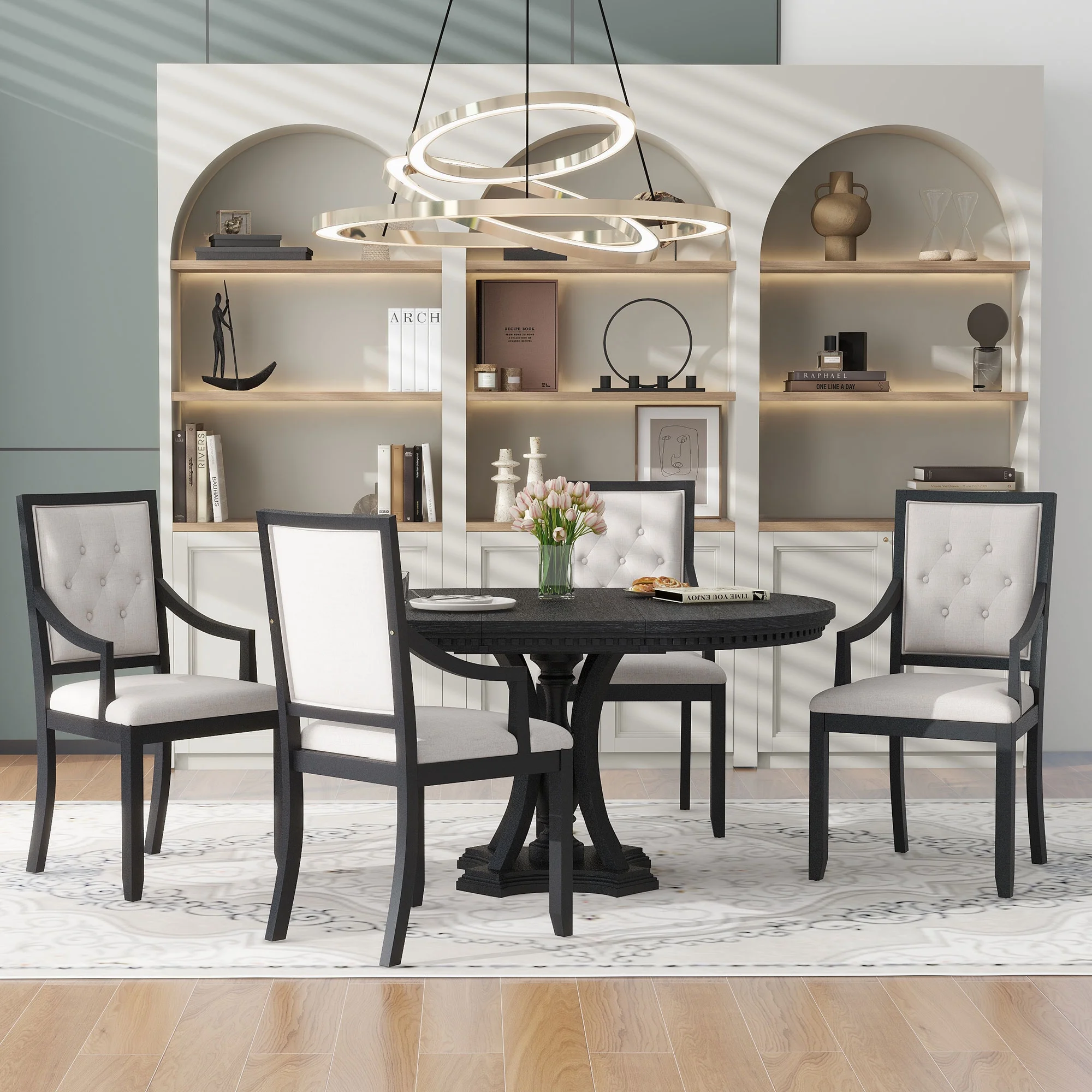 DeeHome TREXM Retro 5-piece Dining Set Extendable Round Table and 4 Chairs for Kitchen Dining Room (BLACK OAK)