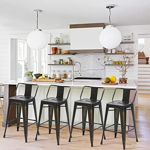 HBBOOMLIFE Changjie  Metal  Stools Set of 4 Distressed Industrial Counter  Stool with Backs Bistro Cafe Barstools(26 inch  Distressed White)