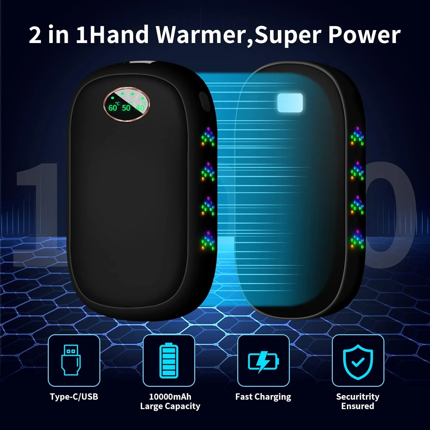Electric Hand Warmers Pack of 2 x 5000 mAh Rechargeable Pocket Warmers 10000 mAh Power Bank Women and Men
