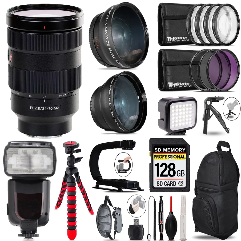 Sony FE 24-70mm f/2.8 GM Lens + LED Light + Tripod - 128GB Accessory Bundle