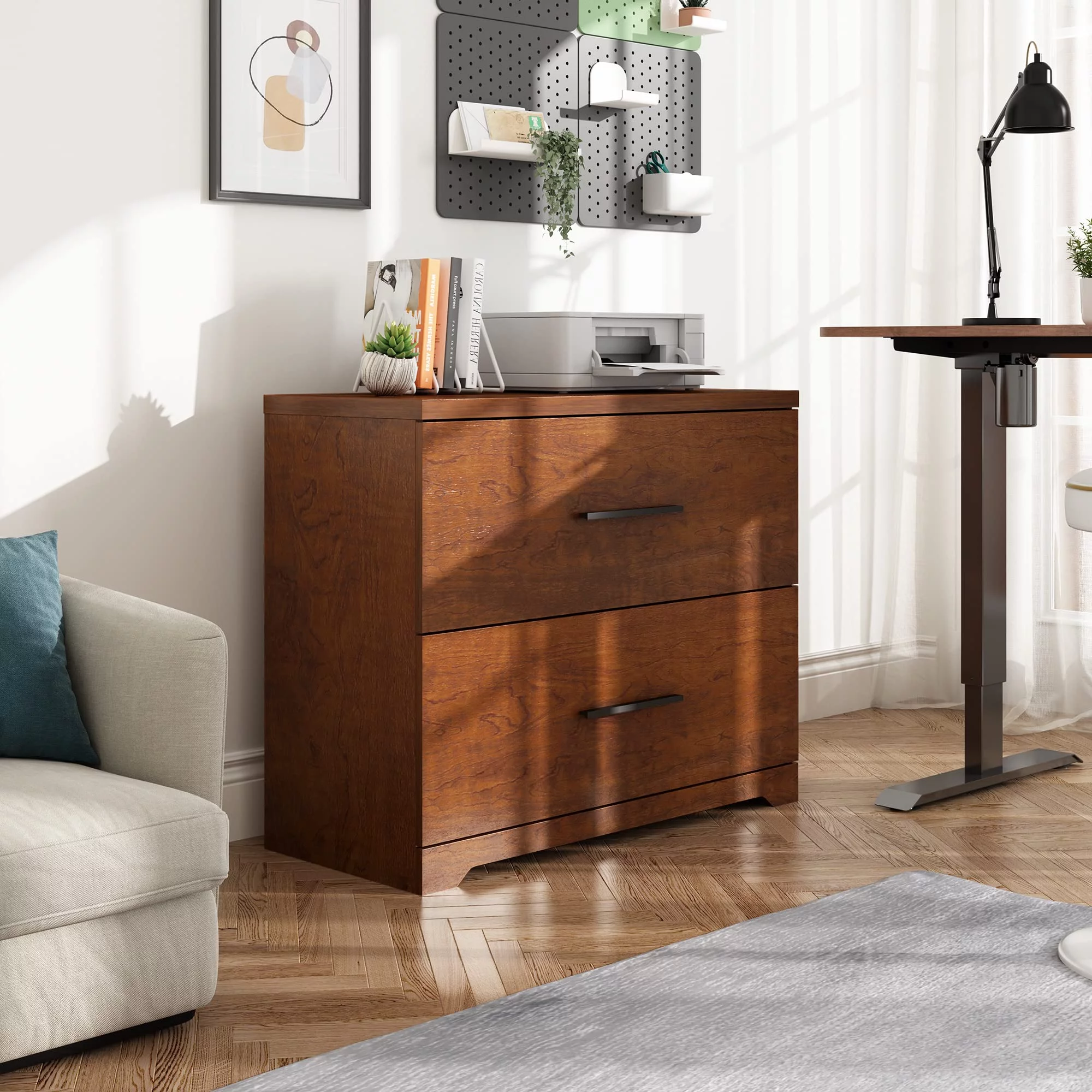 Pouseayar 2 Drawer Wood Lateral File Square Cabinet Storage Filing, Brown