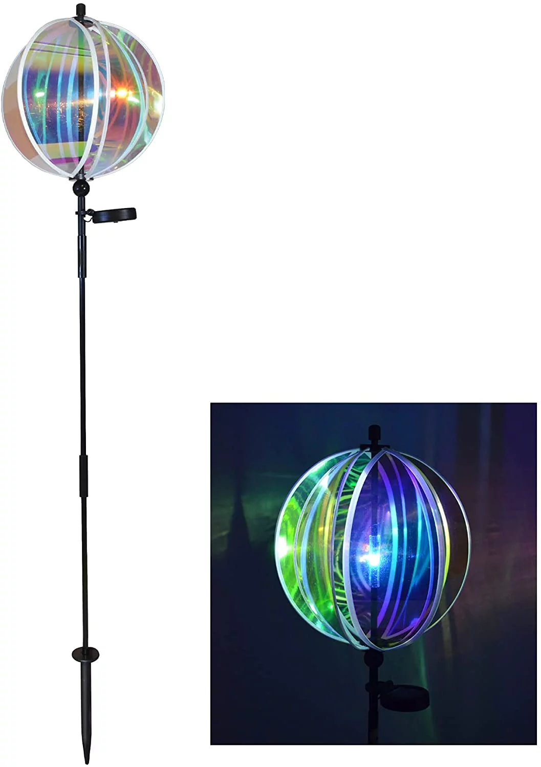 In the Breeze 2657 — 11 Inch Iridescent Gazing Ball Spinner with Solar Light — Wind Spinner for Yards and Gardens, Night Light