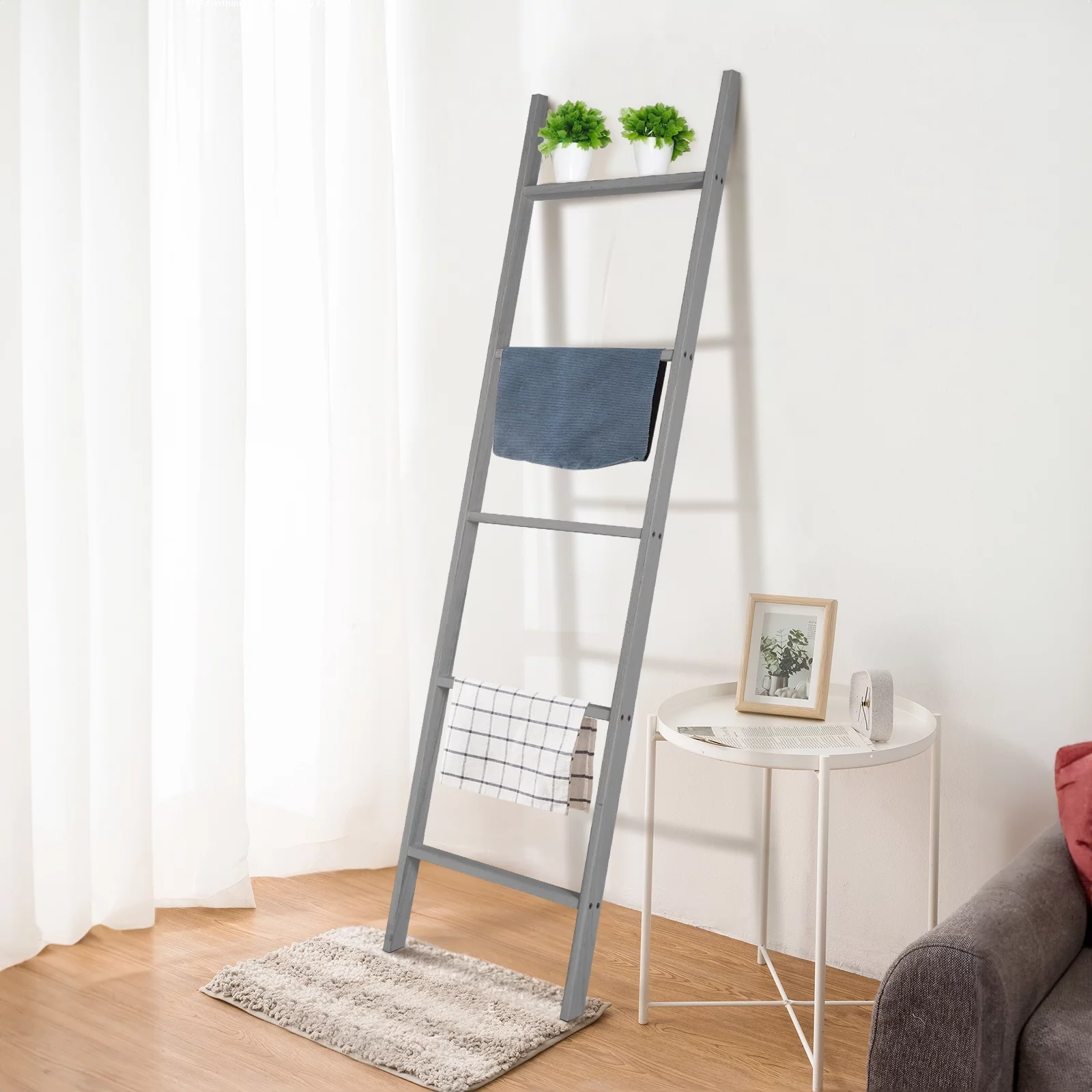 Fionafurn 5-Tier Modern Ladder Shelf,Wooden Flower Book Display Shelf，Leaning Wall Shelf，Gray