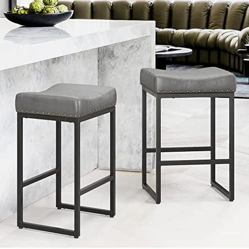 TQNJYGX Counter Height  Stools  24" Square Saddle BarStools Set of 4  Modern Backless Faux Leather Counter Stool with Black Metal Legs for Kitchen Island Counter Home  Bistro Grey