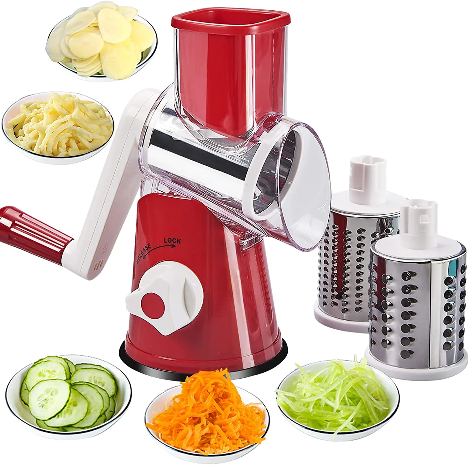 Rotary Cheese Grater with Handle - Manual Vegetable Shredder with 3 Stainless Steel Drum Blades, Round Mandoline Slicer Nuts Grinder with Strong Suction Base, BPA Free Dishwasher Safe (Red)