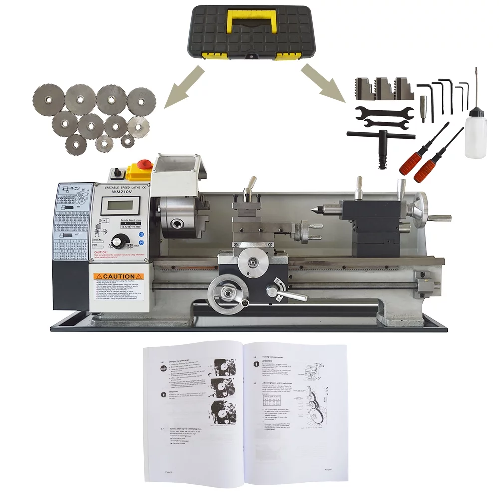 Mini Metal Bench Lathe Variable Speed Precision Inch Instrument Machine Threaded Version WM210V 900W 8
