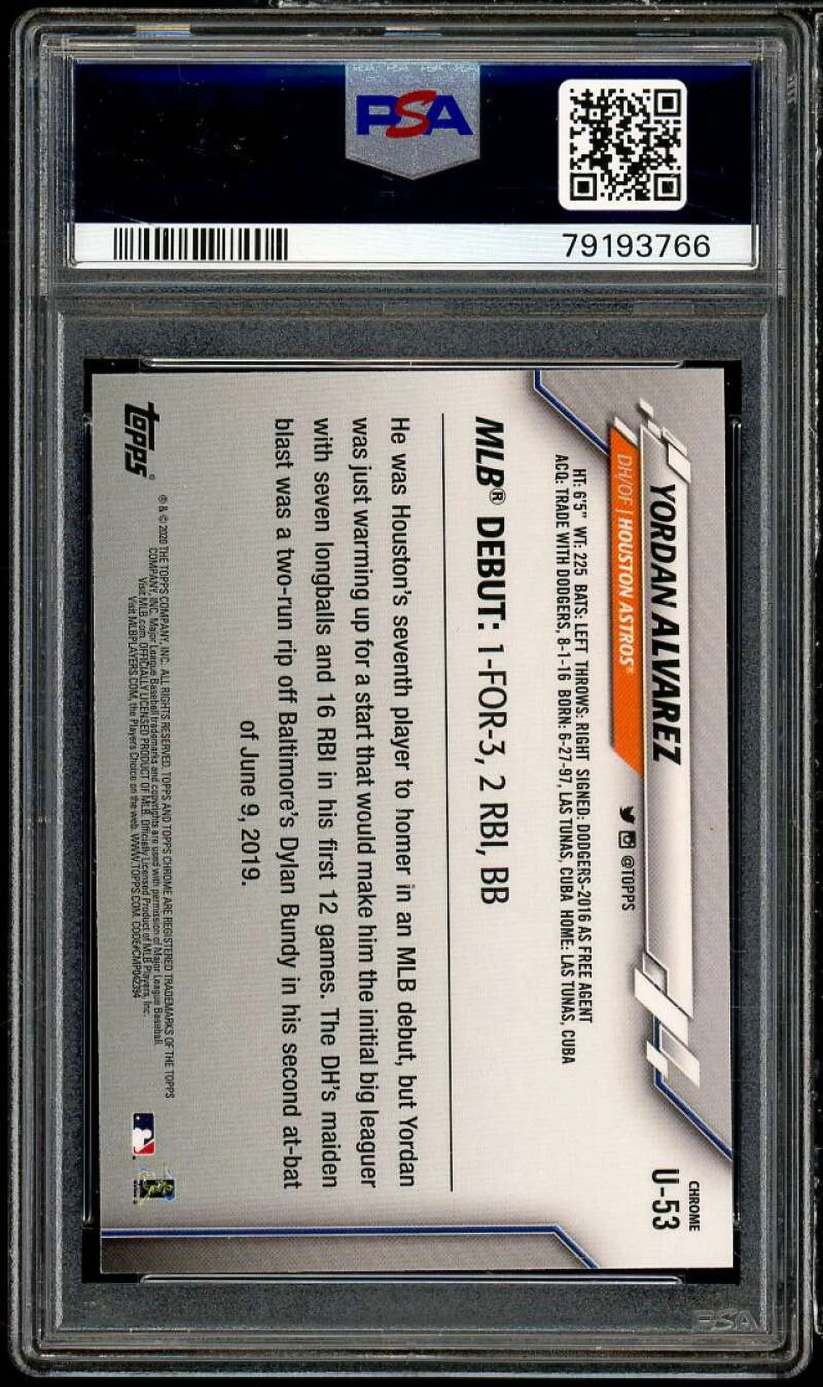 Yordan Alvarez Rookie Card 2020 Topps Chrome Update #U-53 PSA 10
