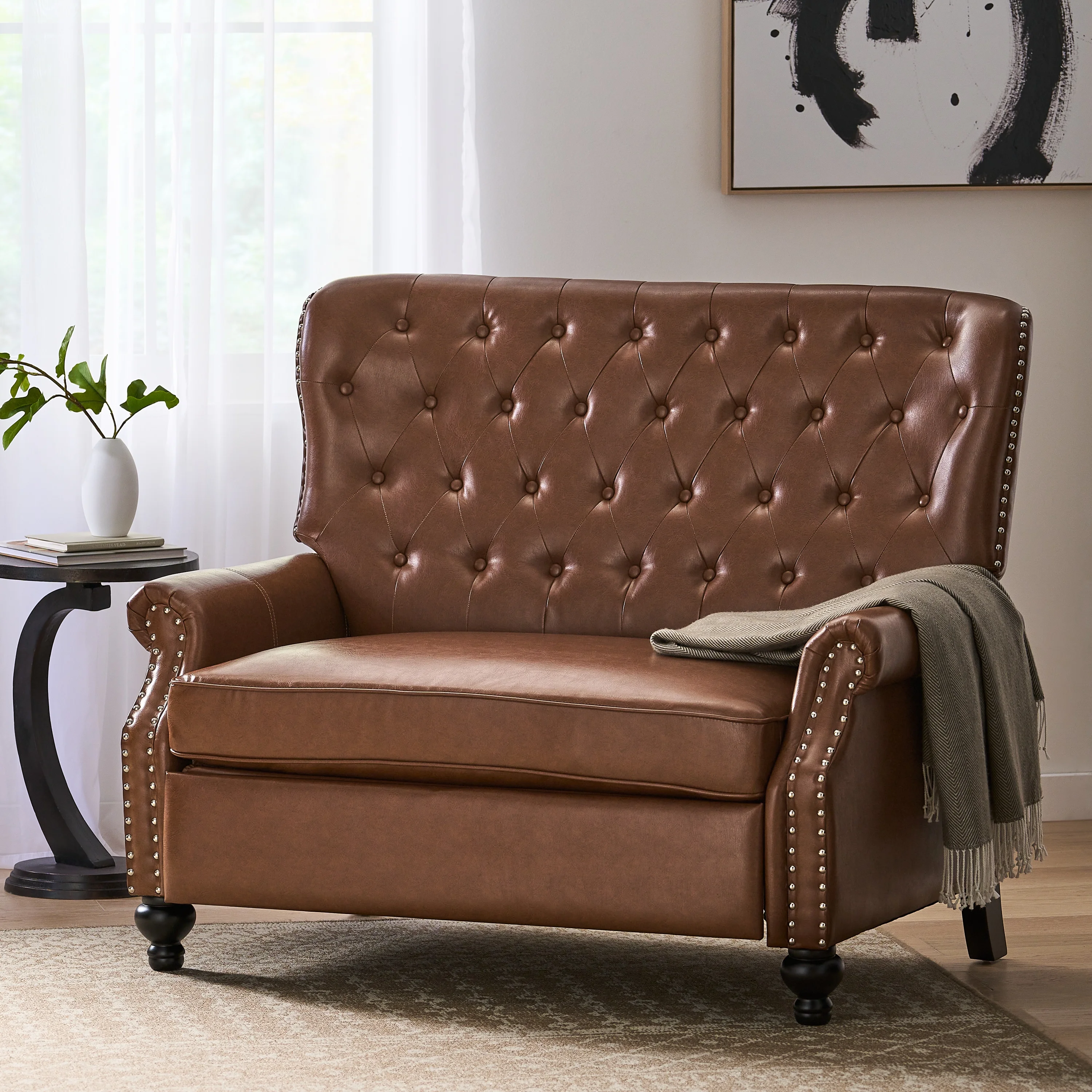 Noble House Dero Faux Leather Tufted Oversized Recliner, Cognac Brown and Espresso