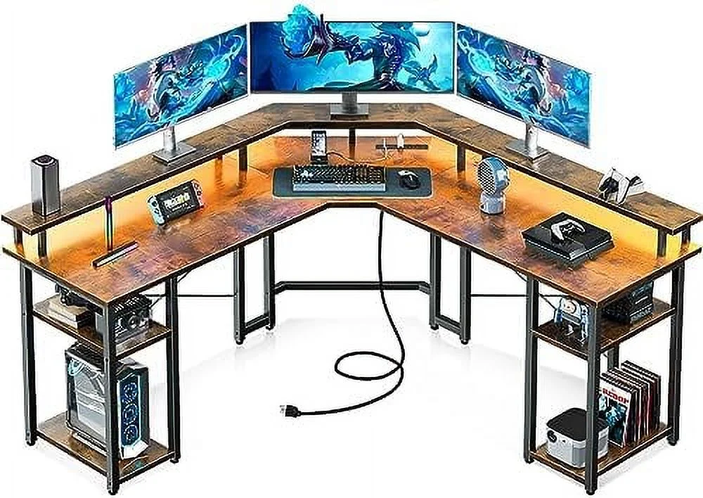 HBLUKDL L Shaped Gaming Desk with LED Lights & Power Outlets  Reversible 56" Computer Desk with Full Monitor Stand &  Shelves  Ergonomic Home Office Corner Desk  Black Carbon